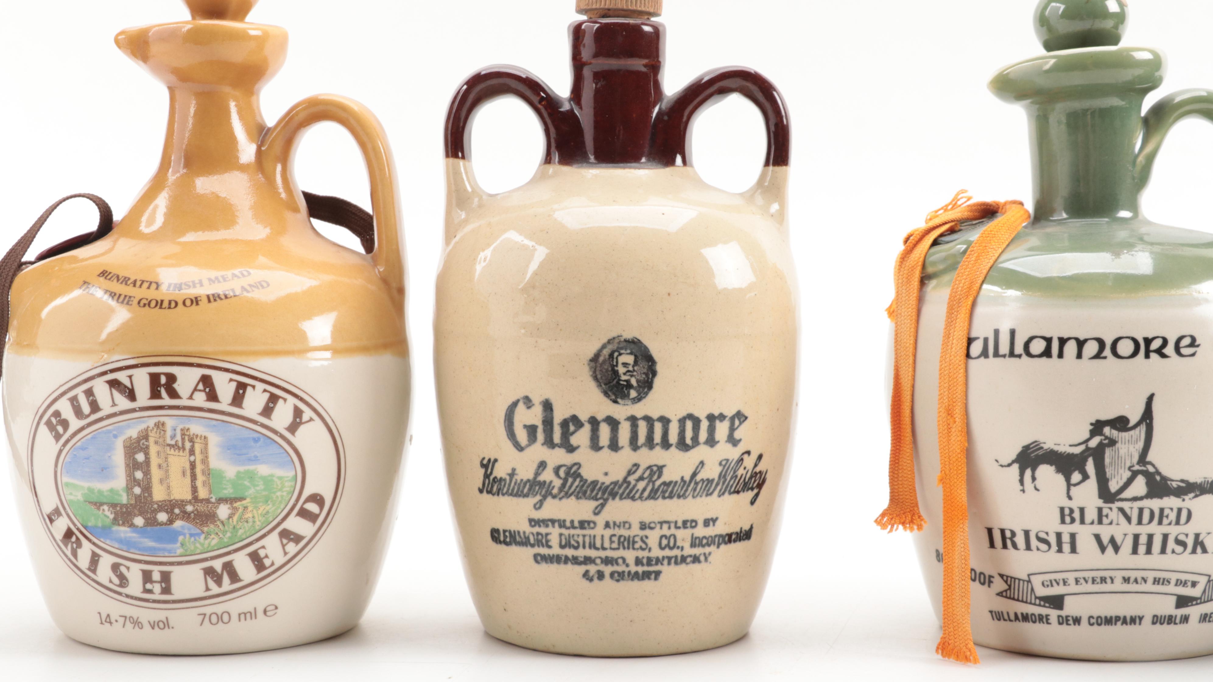 Bunratty Mead, Glenmore and Tullamore Ceramic Whiskey Jugs