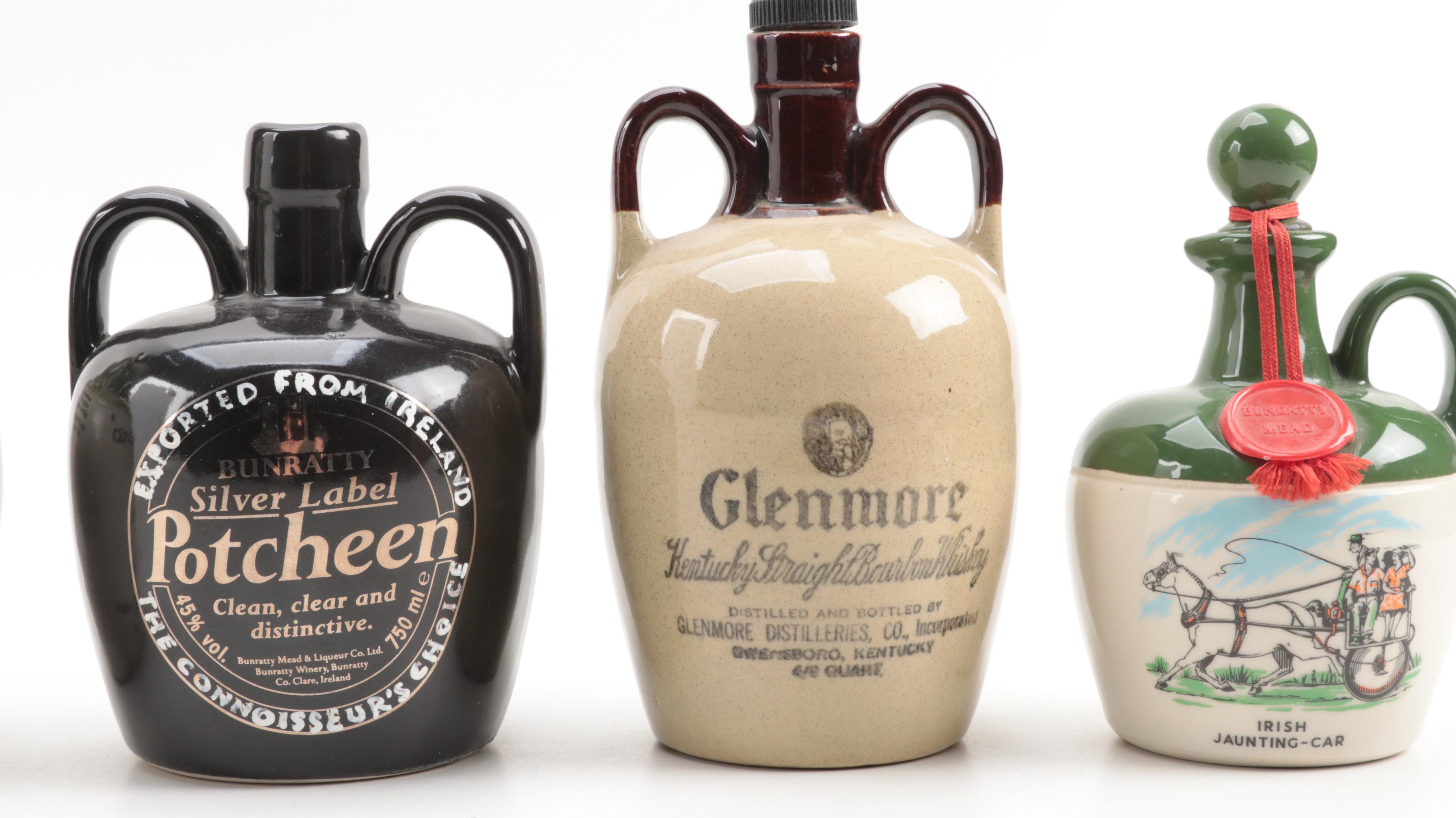 Bunratty Mead, Glenmore and Tullamore Ceramic Whiskey Jugs