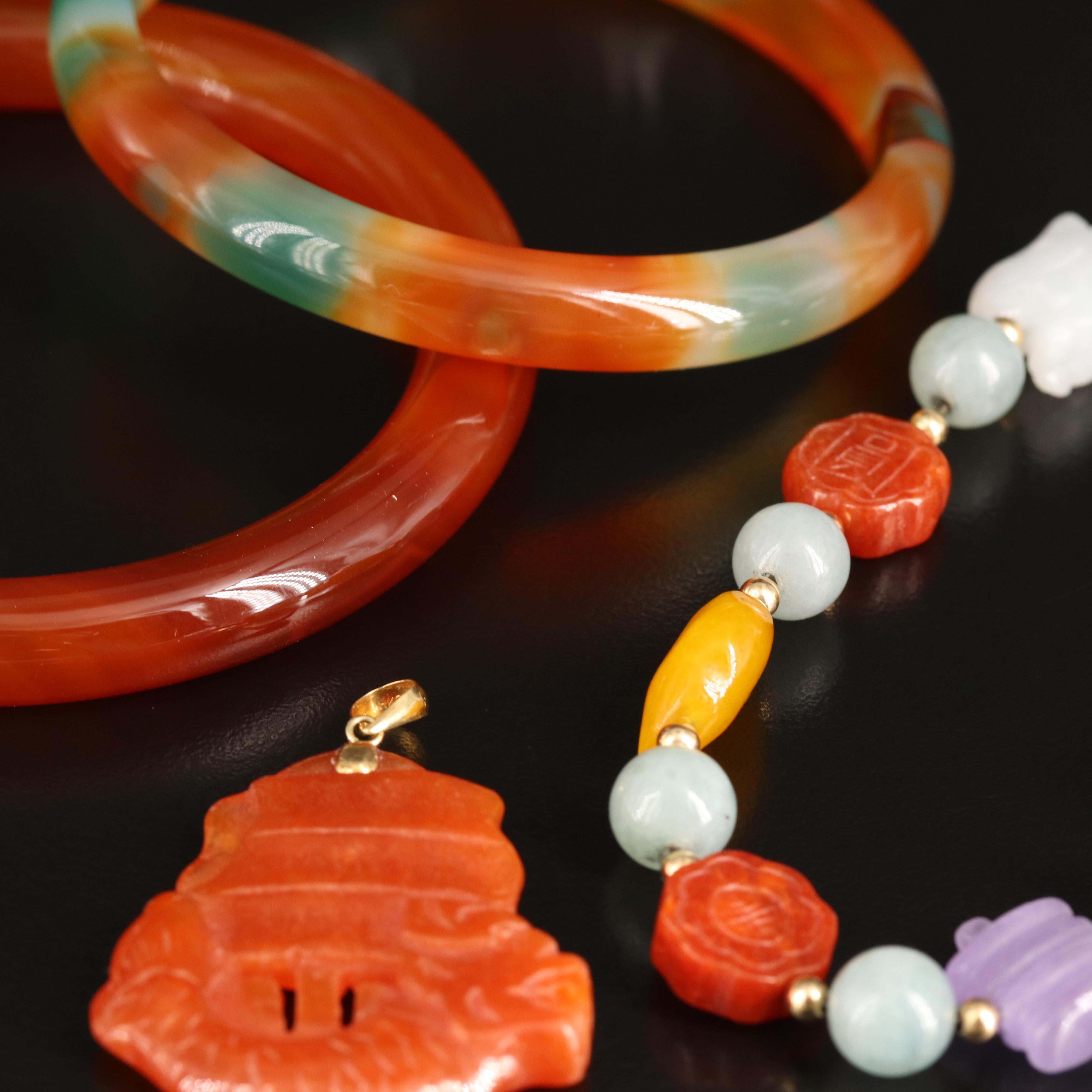 14K Jadeite Bracelet and Pendant with Agate Hololith Bangles
