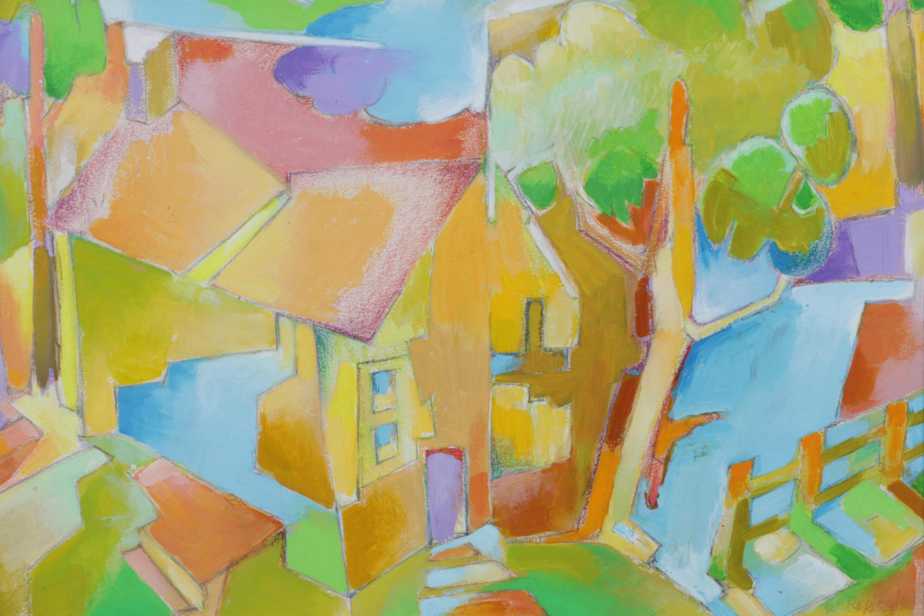 Bill Replogle Acrylic Painting of Abstracted Household, Circa 1990