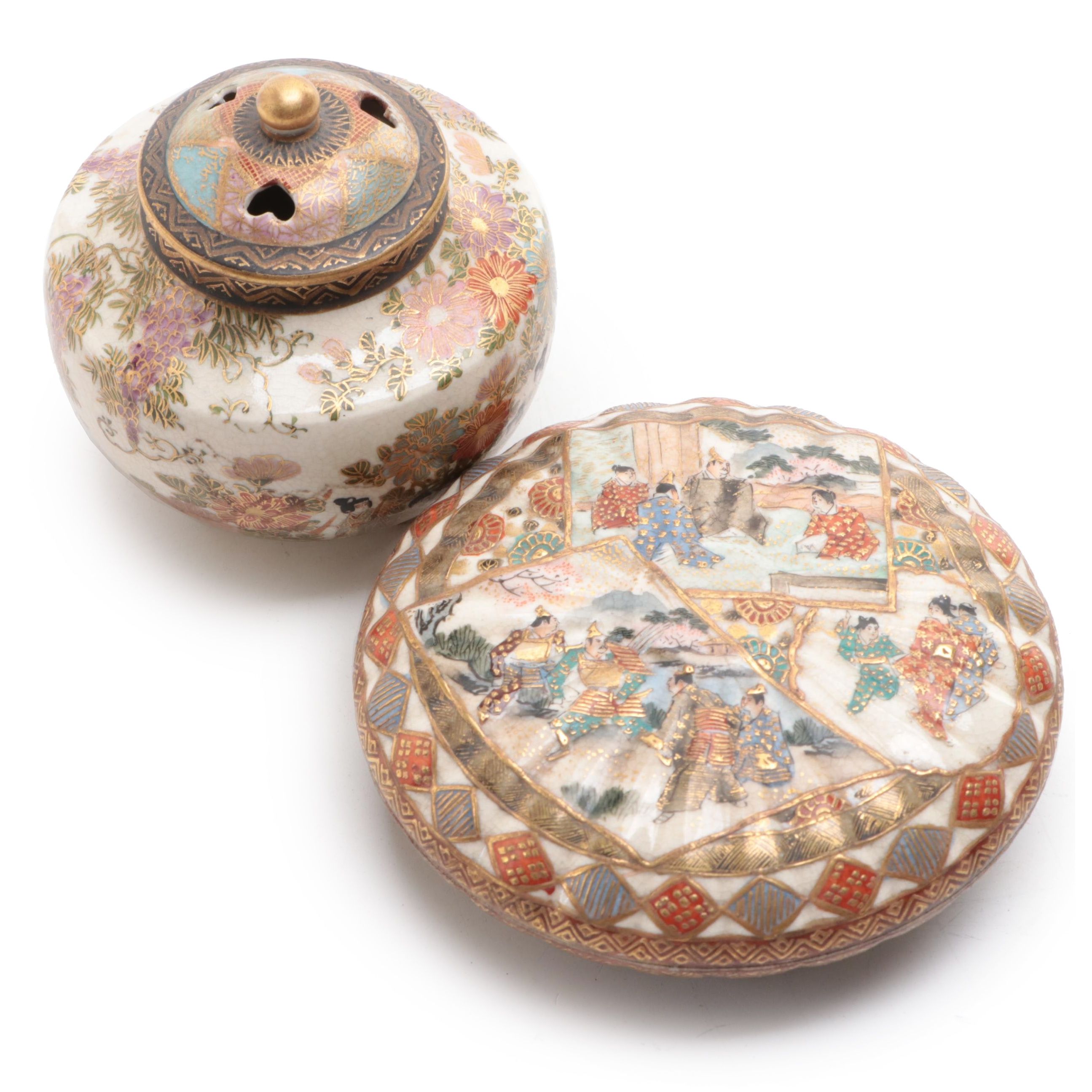 Japanese Satsuma Earthenware Koro and Covered Box, Early to Mid-20th Century