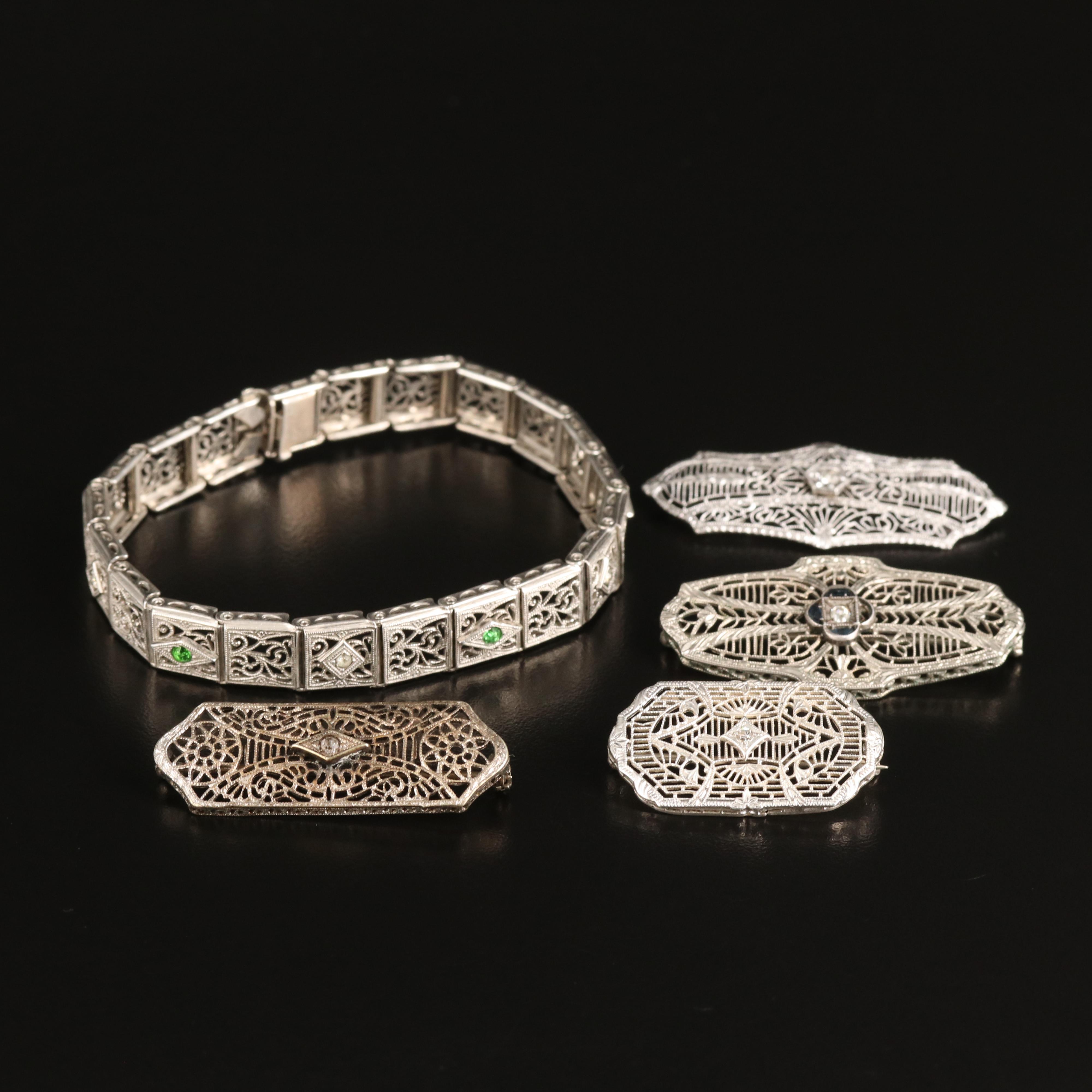 Art Deco Brooches and Bracelet Including Sterling, Glass Paste and Diamond