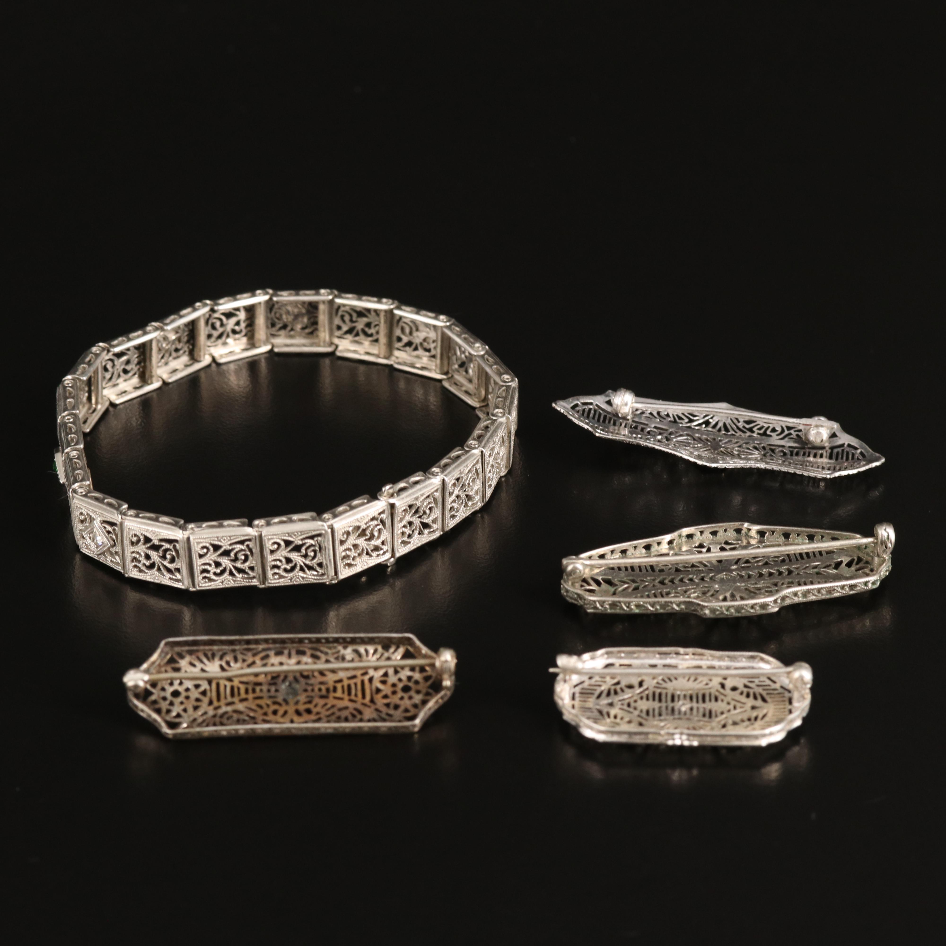 Art Deco Brooches and Bracelet Including Sterling, Glass Paste and Diamond
