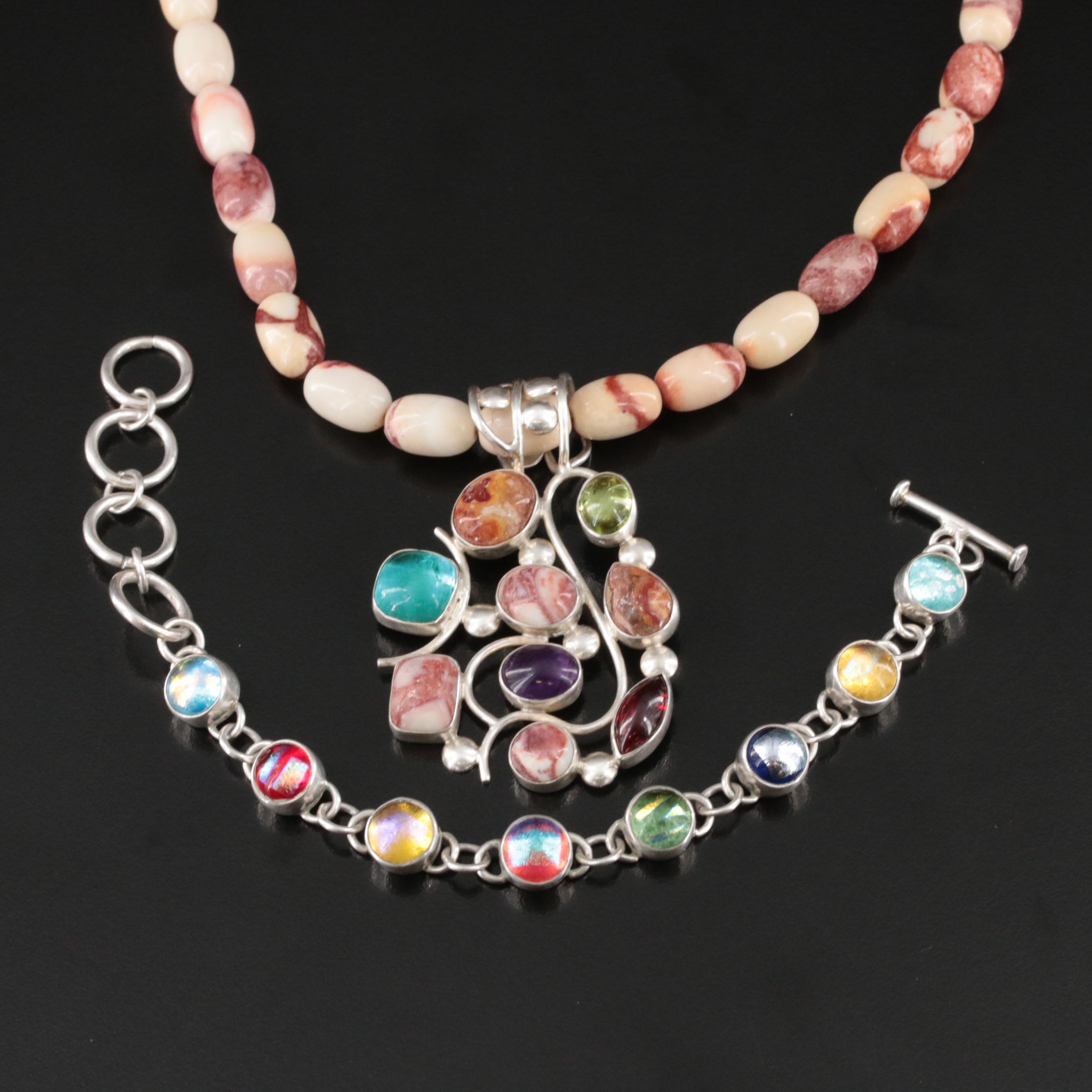 Sterling Necklace and Bracelet Including Desert Rose Trading and Dichroic Glass