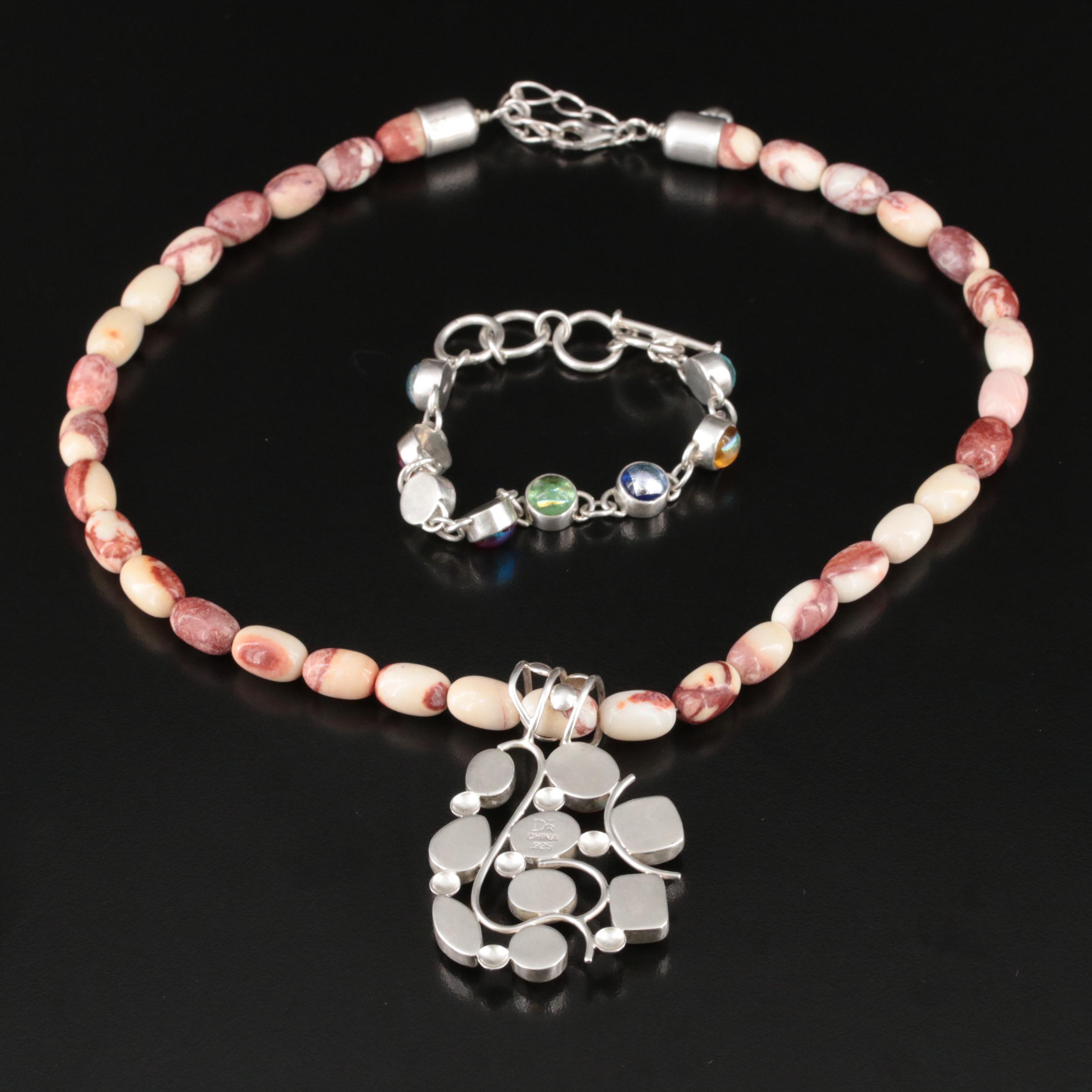Sterling Necklace and Bracelet Including Desert Rose Trading and Dichroic Glass