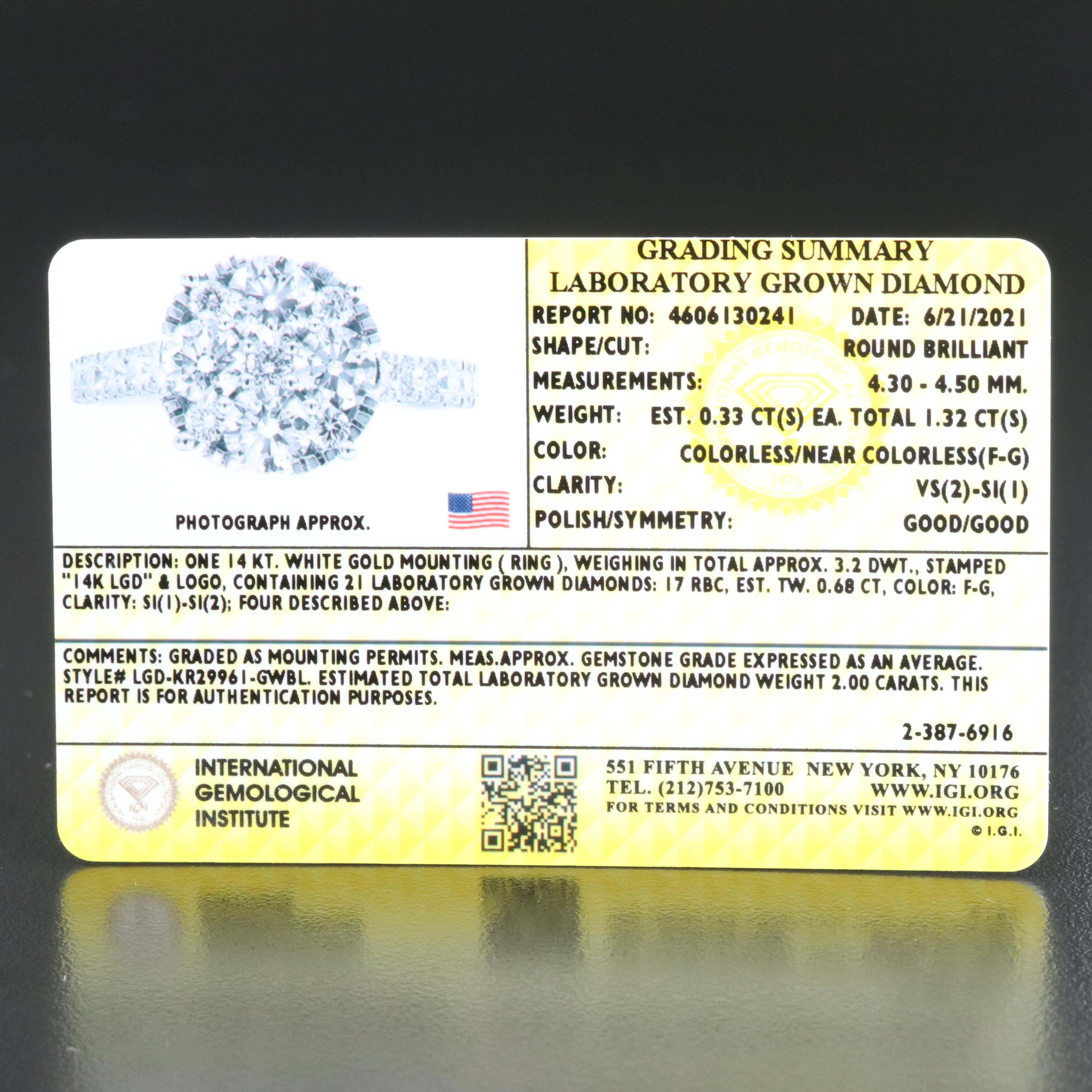 14K 2.00 CTW Lab Grown Diamond Ring with IGI Report