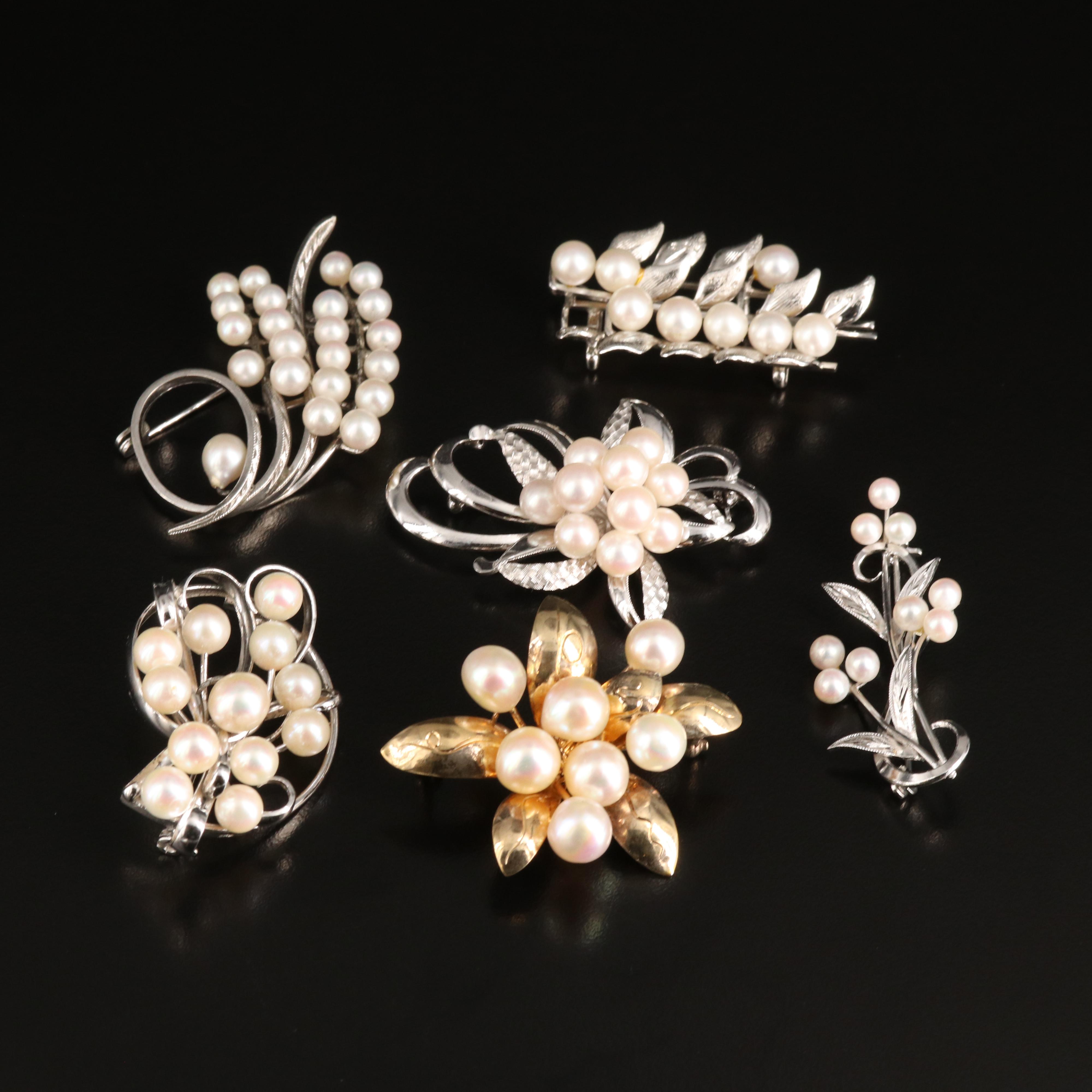 Pearl Floral and Spray Brooches Including Sterling