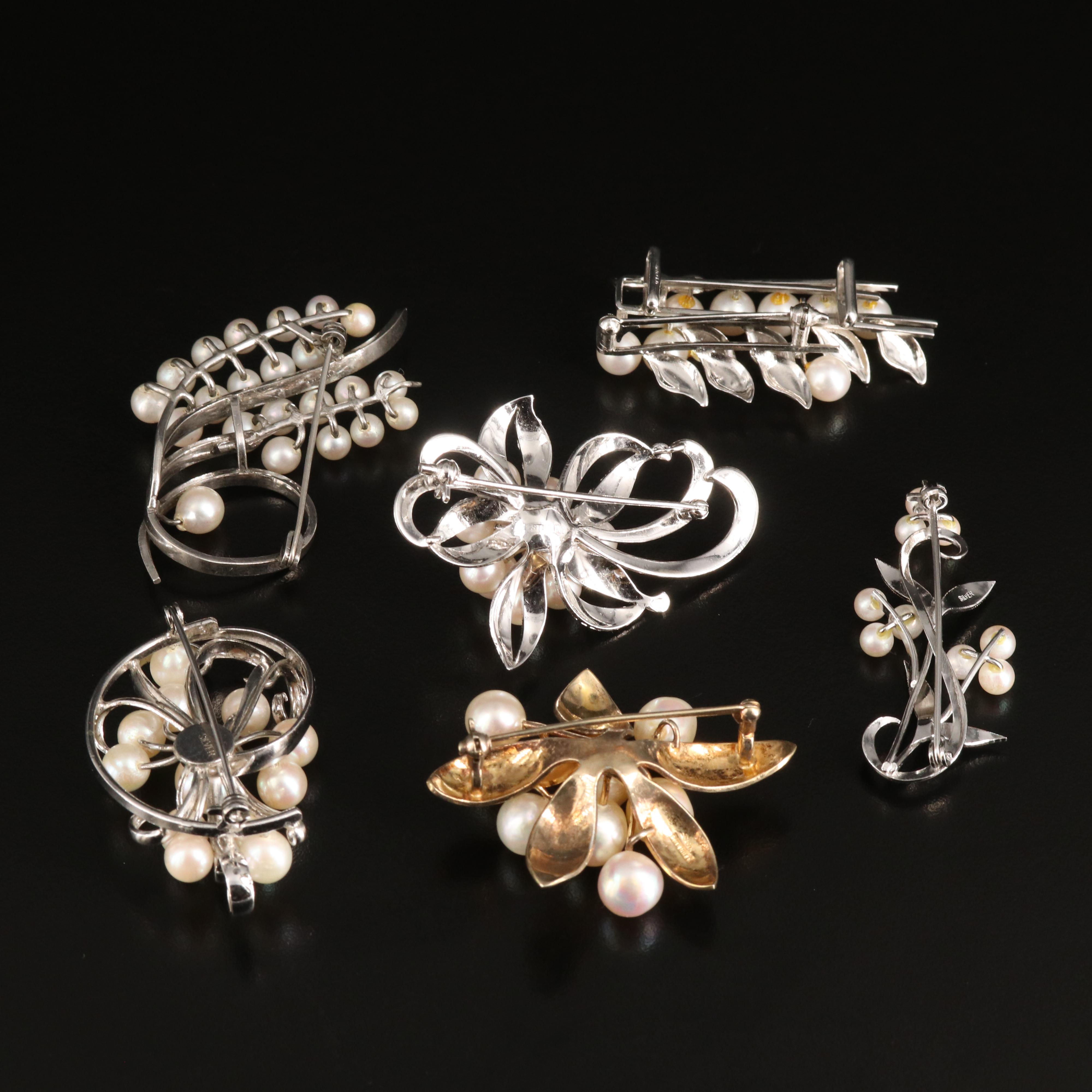 Pearl Floral and Spray Brooches Including Sterling