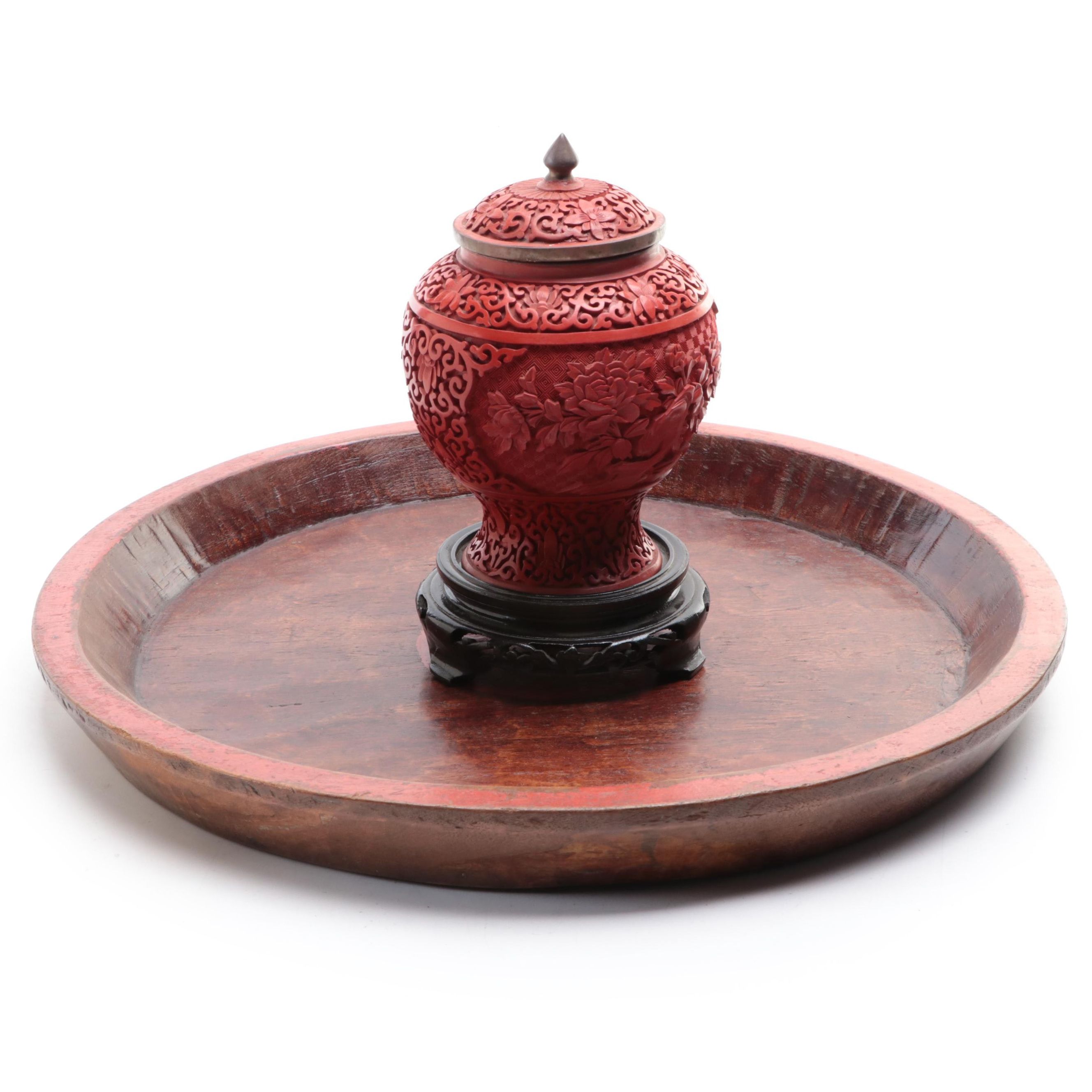 Hand-Carved Chinese Tray and Faux Cinnabar Resin Vase