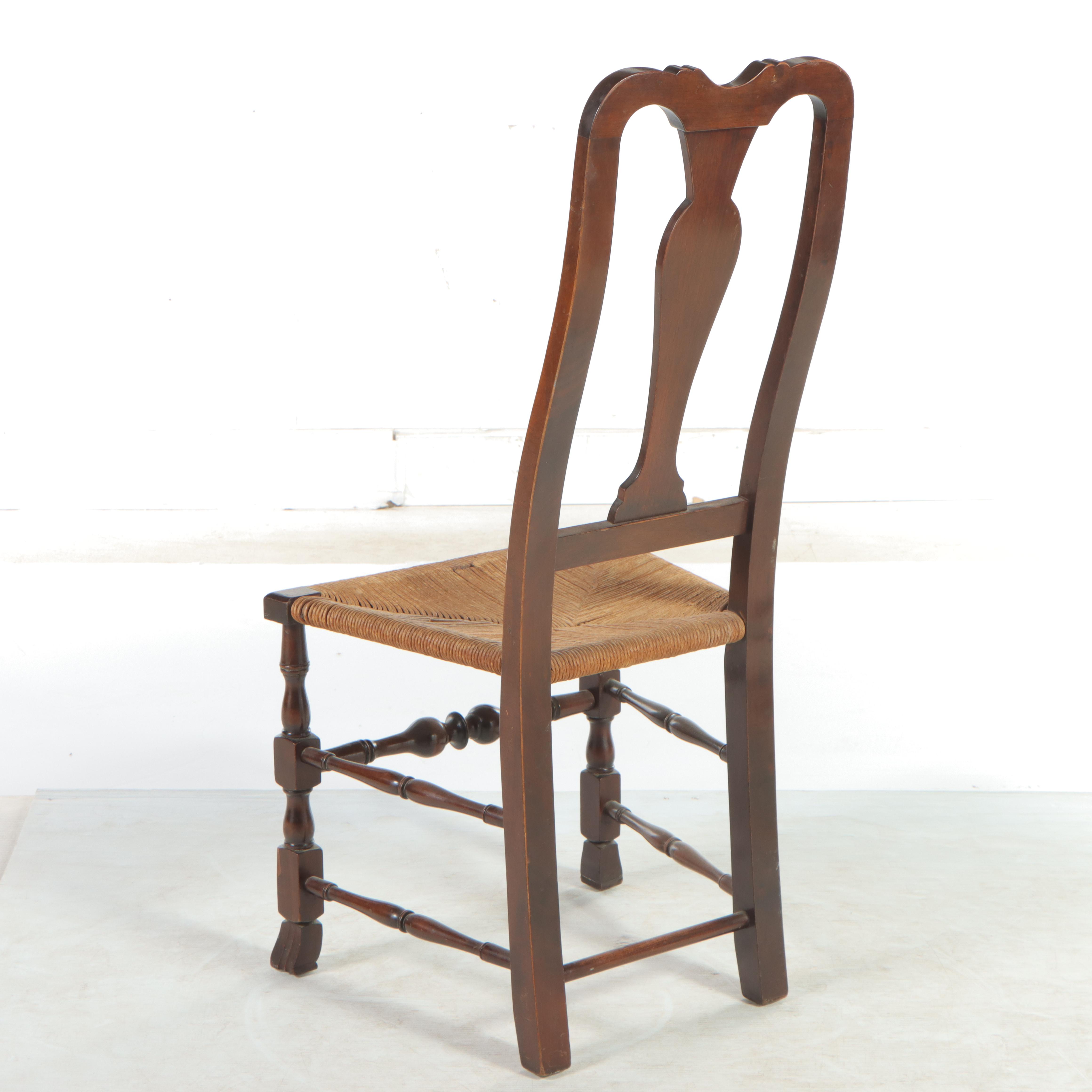 Queen Anne Style Walnut-Finish and Corded Paper Splat-Back Side Chair