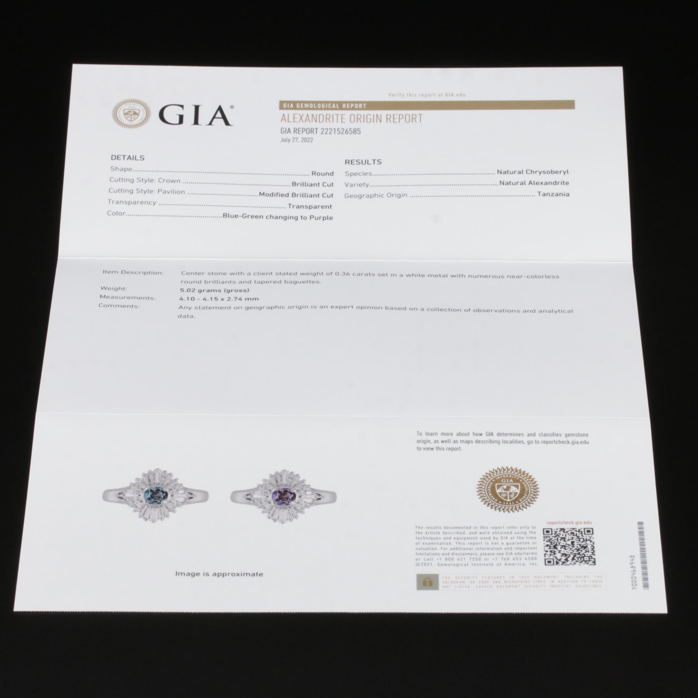 Platinum Alexandrite and Diamond Ballerina Ring with GIA Report