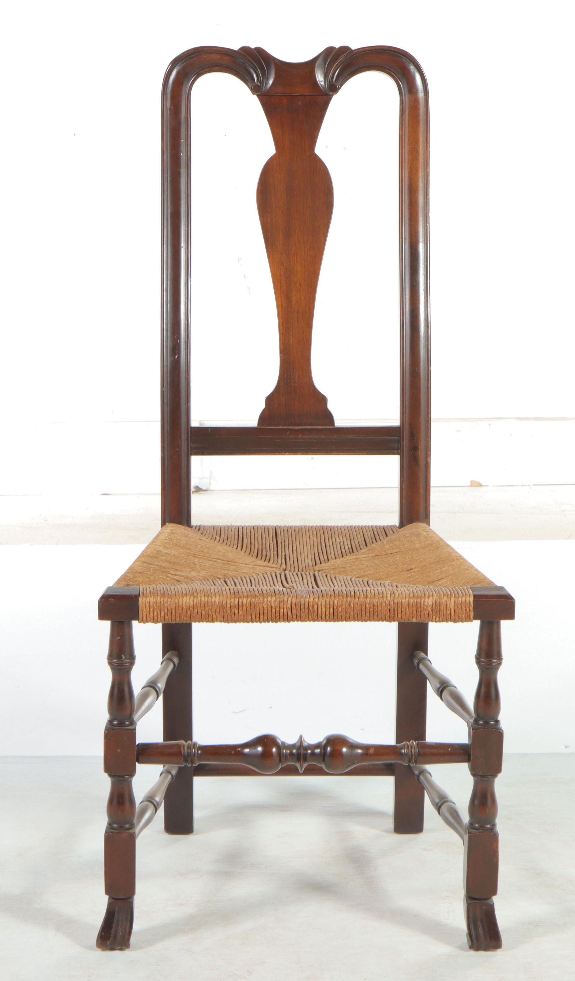 Queen Anne Style Walnut-Finish and Corded Paper Splat-Back Side Chair