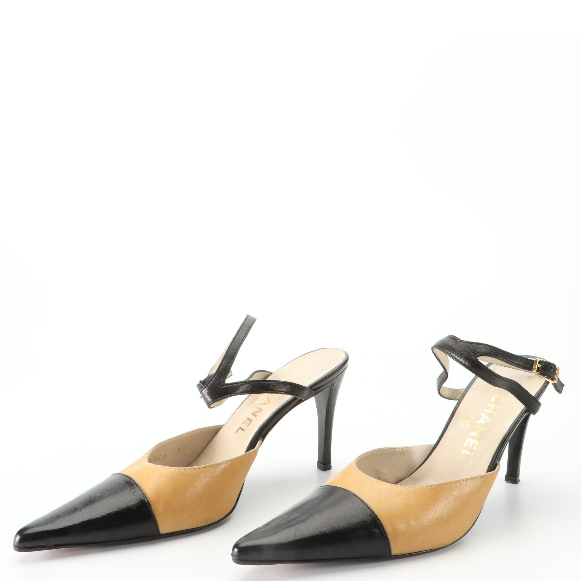 Chanel Pointy Cap-Toe Ankle-Strap Heels in Bicolor Leather