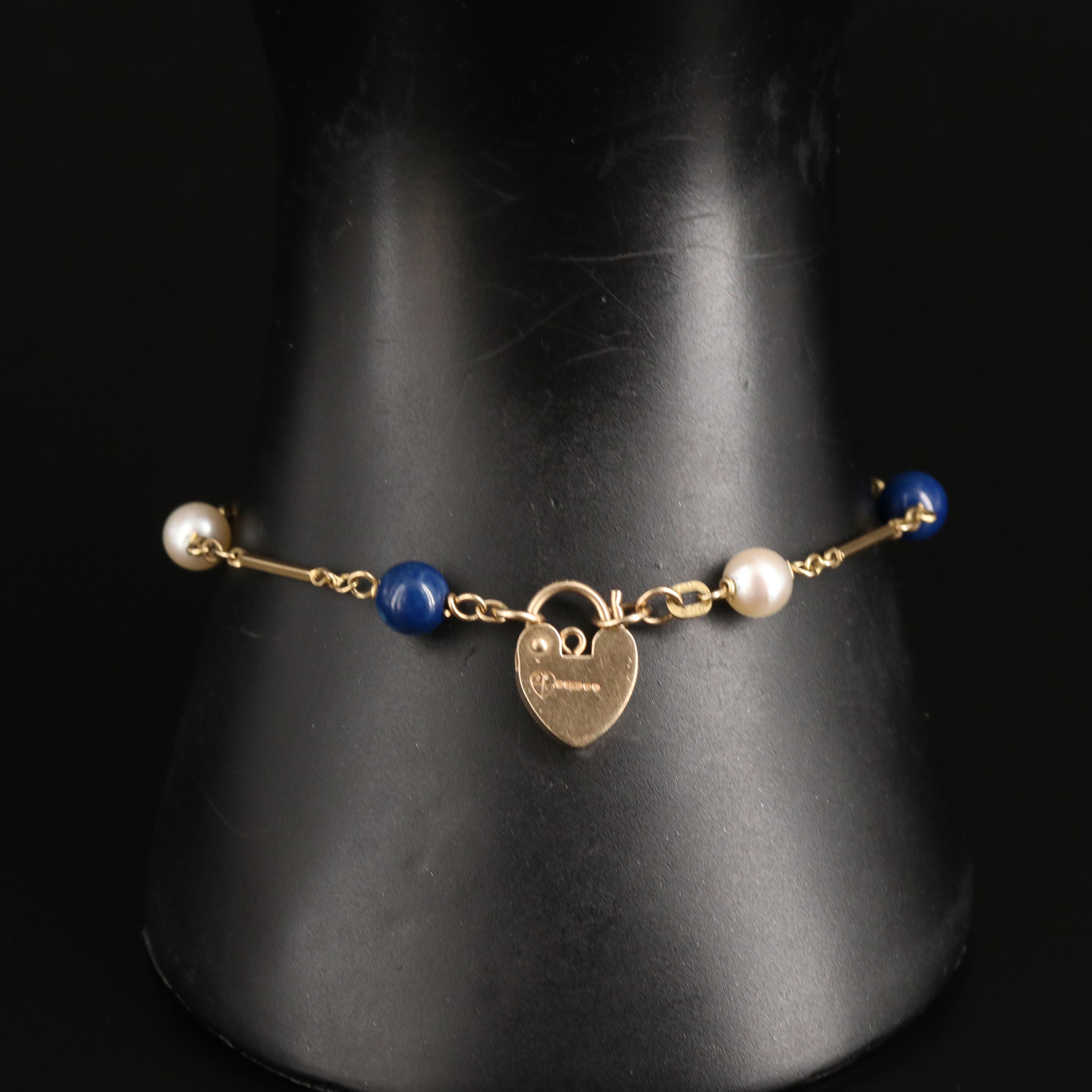 14K Pearl and Jasper Station Bracelet with 9K Heart Padlock