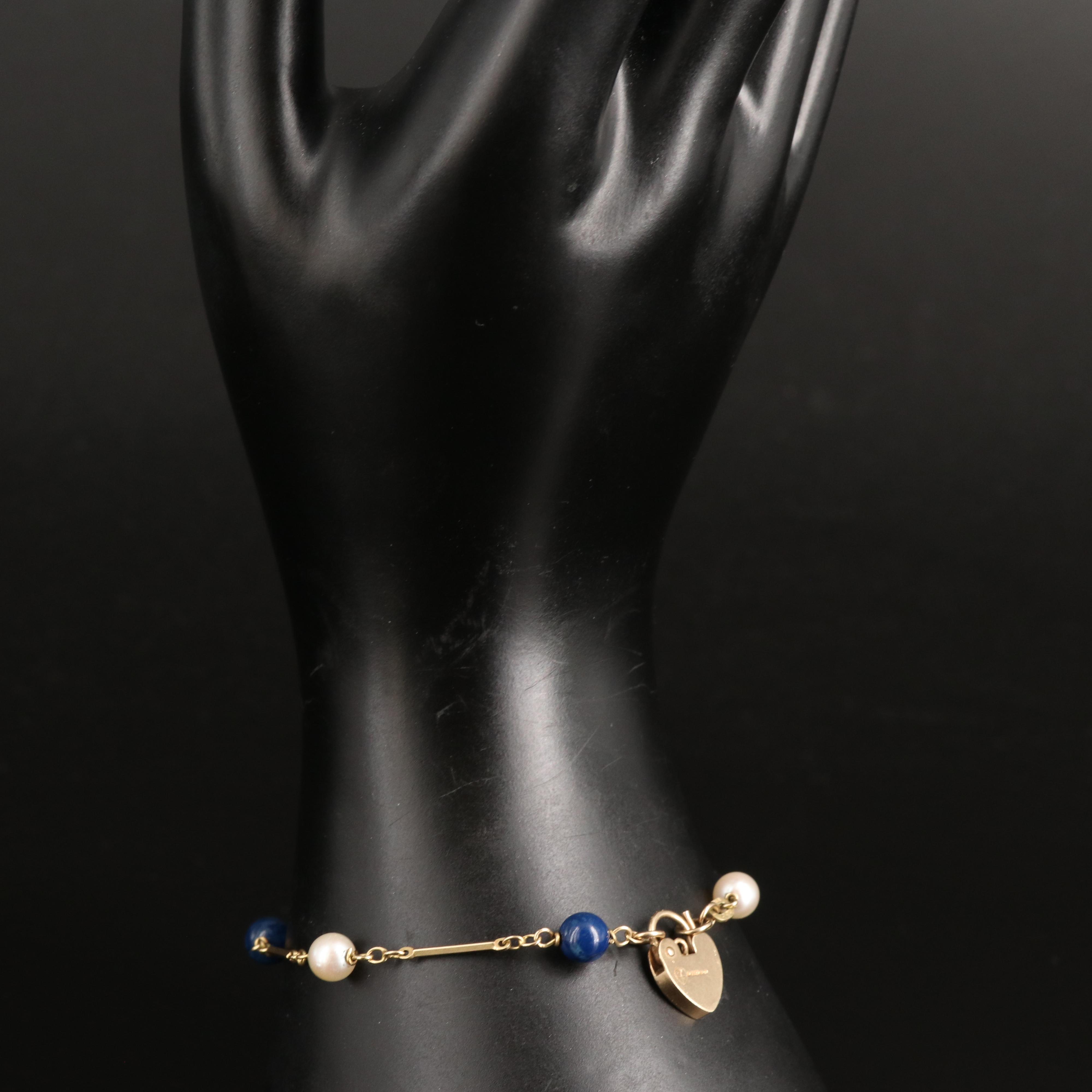 14K Pearl and Jasper Station Bracelet with 9K Heart Padlock