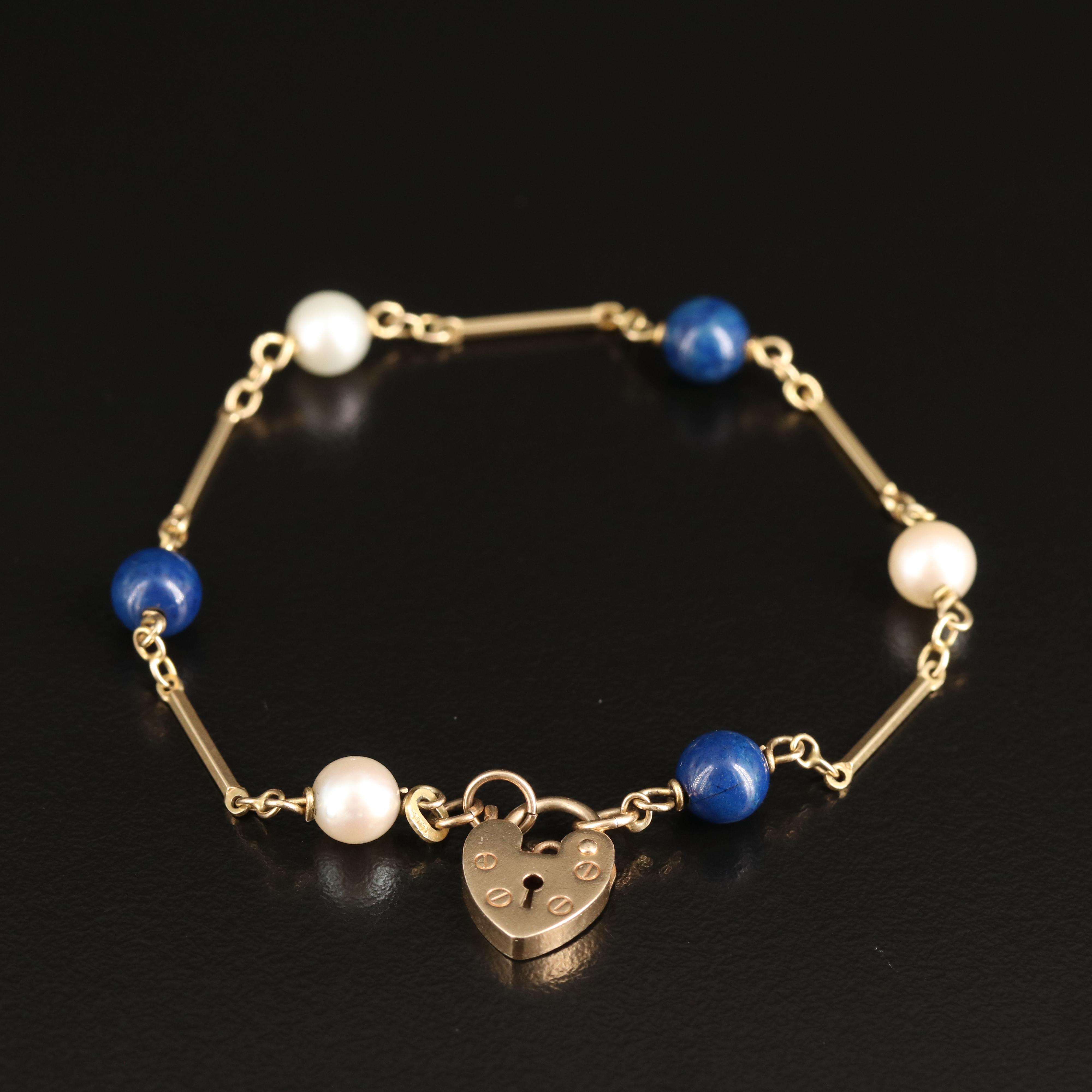 14K Pearl and Jasper Station Bracelet with 9K Heart Padlock