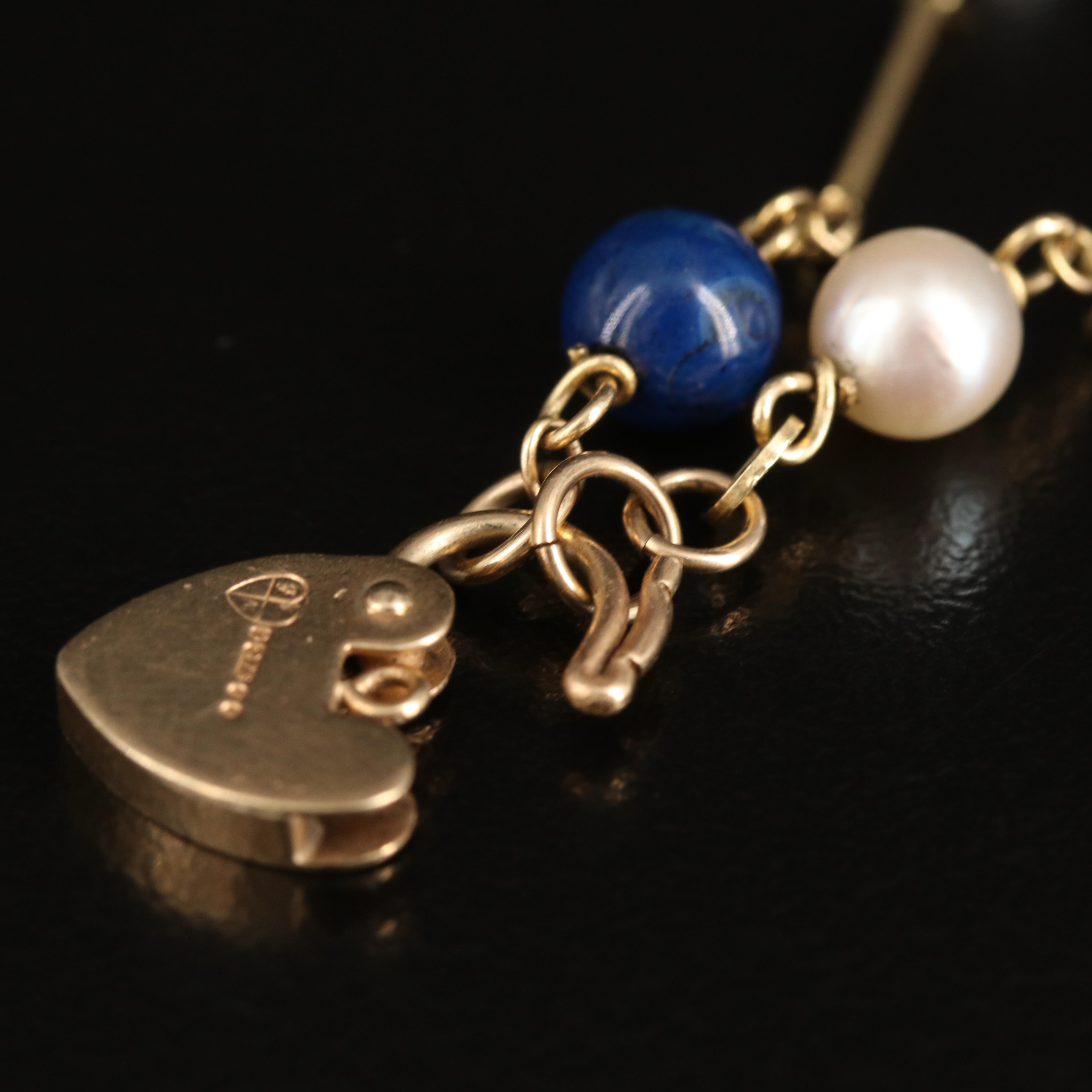 14K Pearl and Jasper Station Bracelet with 9K Heart Padlock