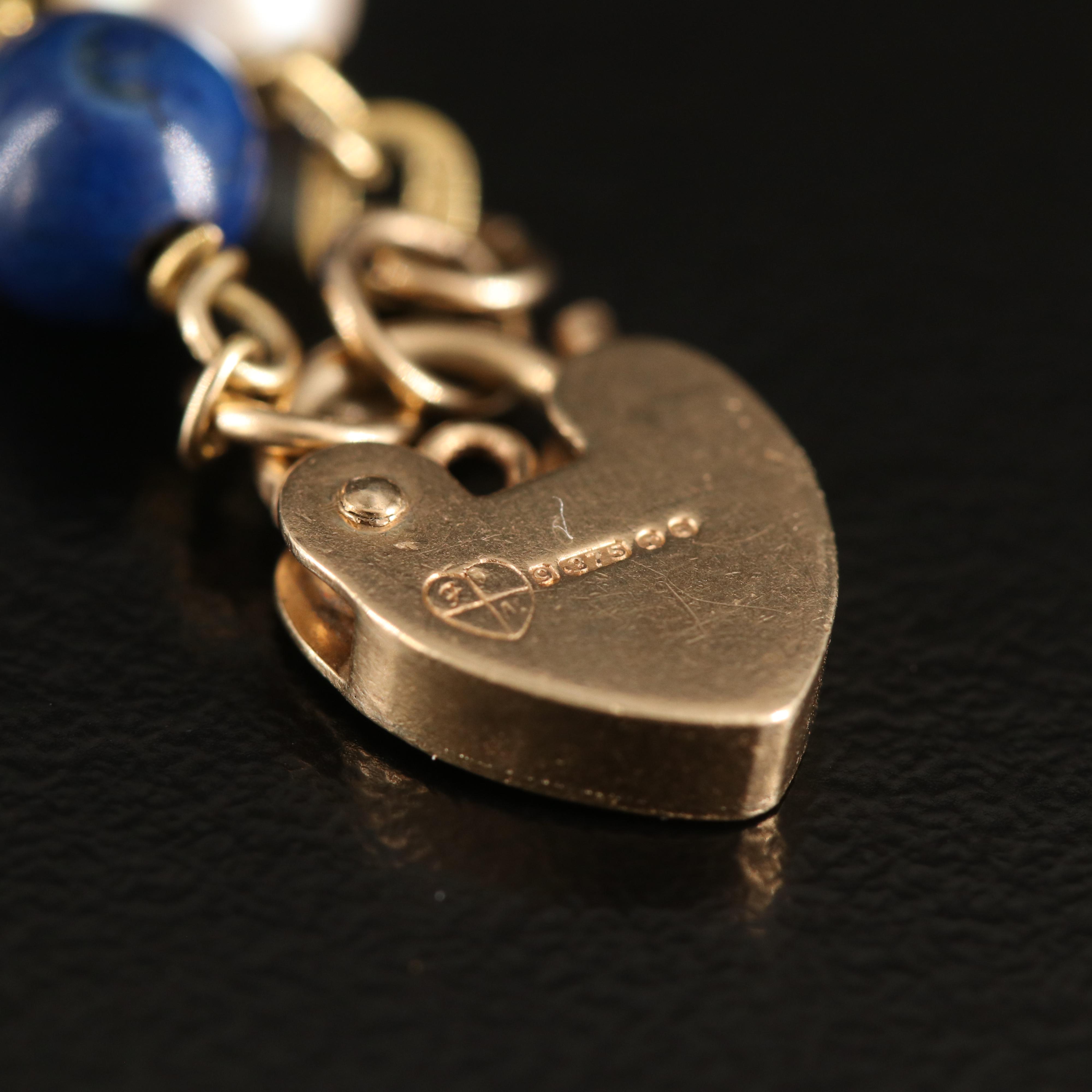 14K Pearl and Jasper Station Bracelet with 9K Heart Padlock