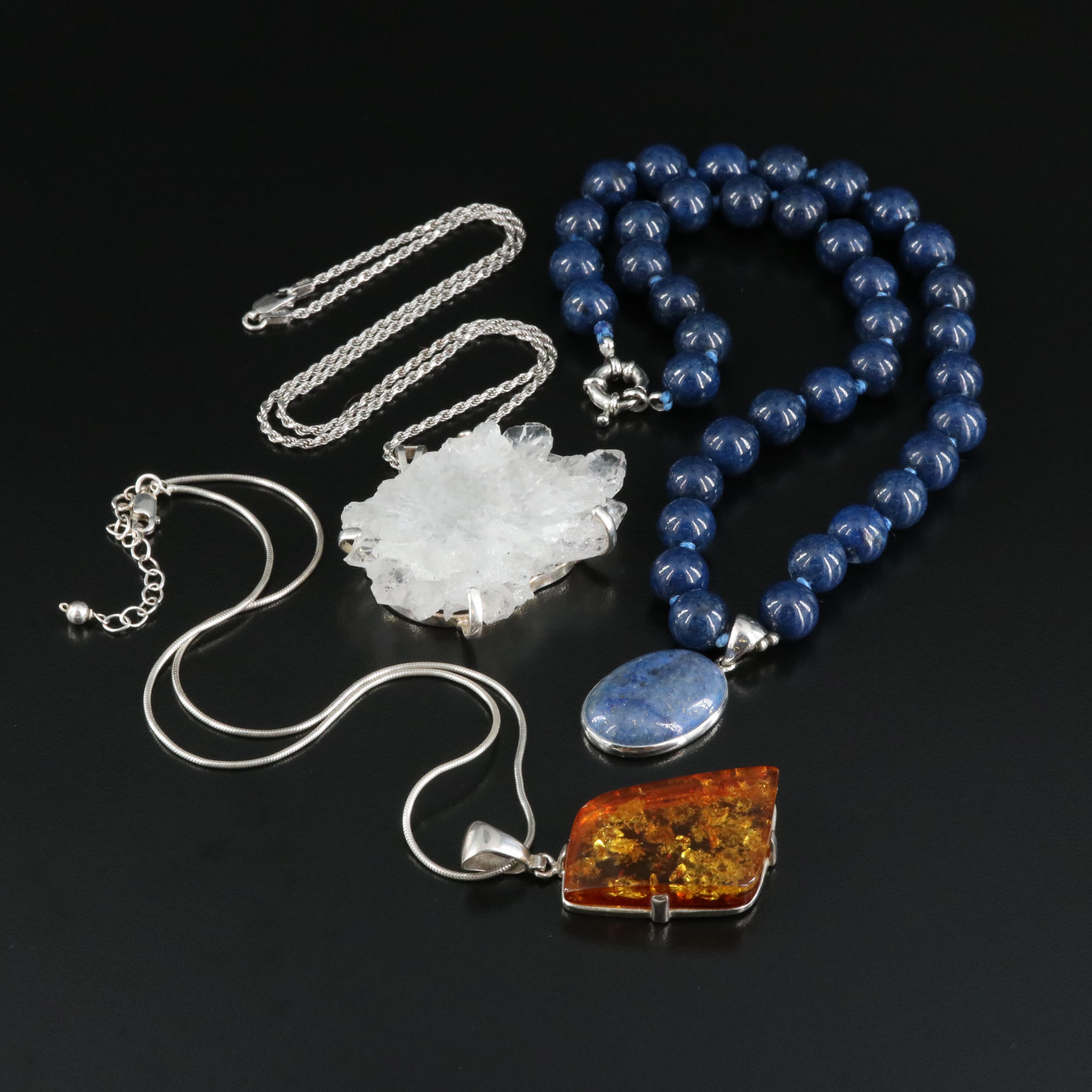 Sterling Lapis Lazuli Necklace with Amber and Quartz Pendant Necklaces