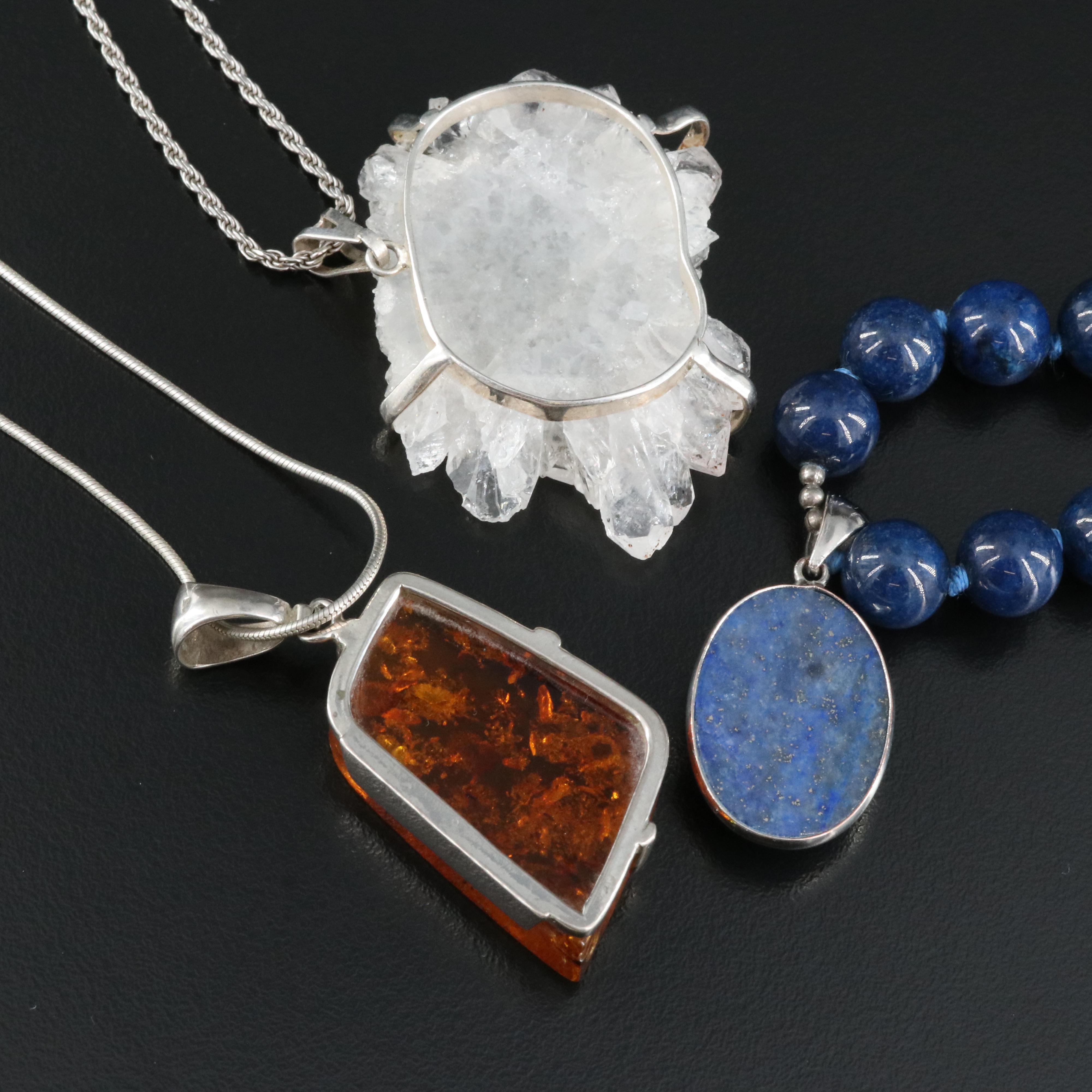 Sterling Lapis Lazuli Necklace with Amber and Quartz Pendant Necklaces