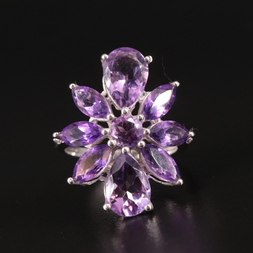 Sterling Amethyst White Topaz Flower Ring