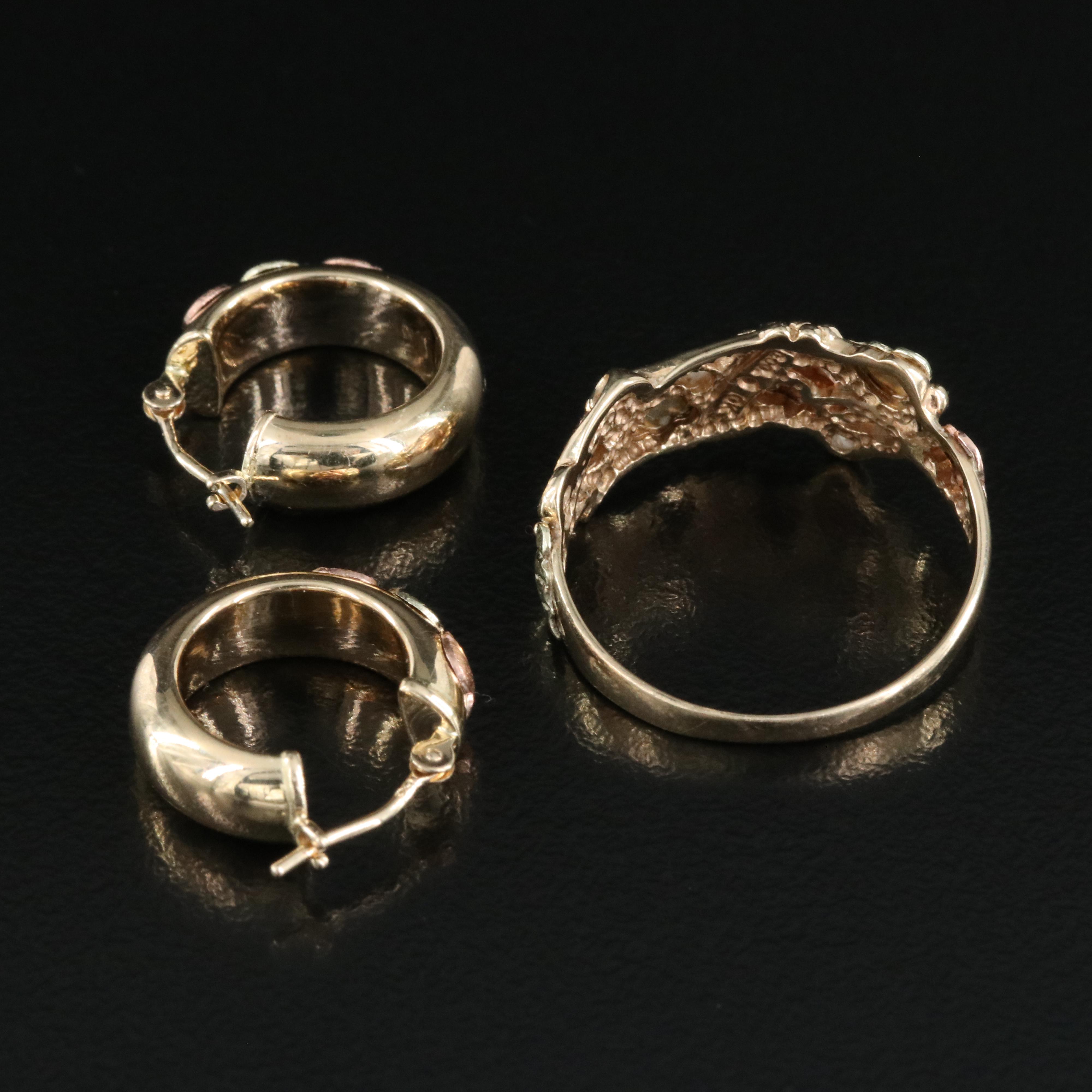 Black Hills Gold 14K Hoop Earrings and 10K Ring Including Rose and Green Gold