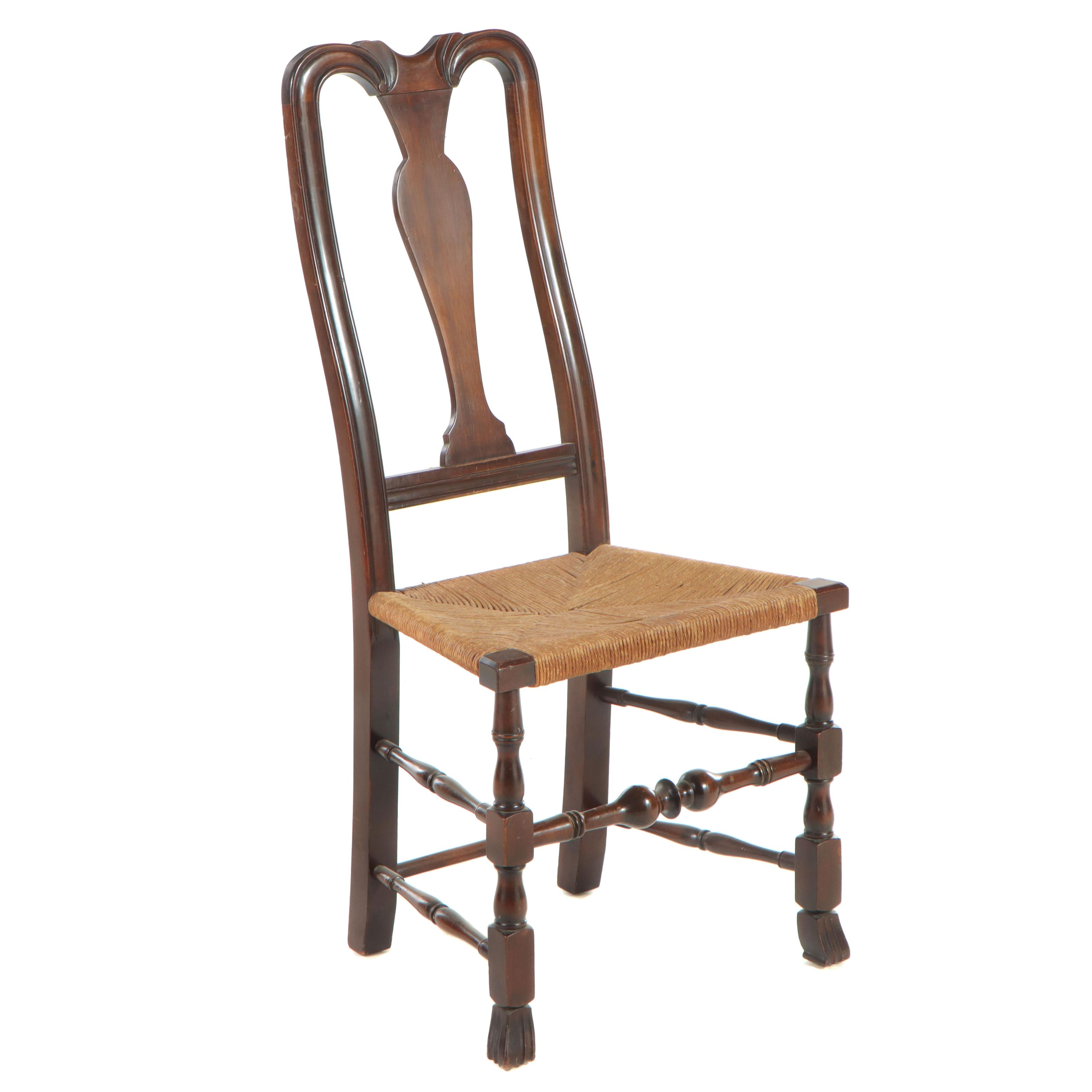 Queen Anne Style Walnut-Finish and Corded Paper Splat-Back Side Chair