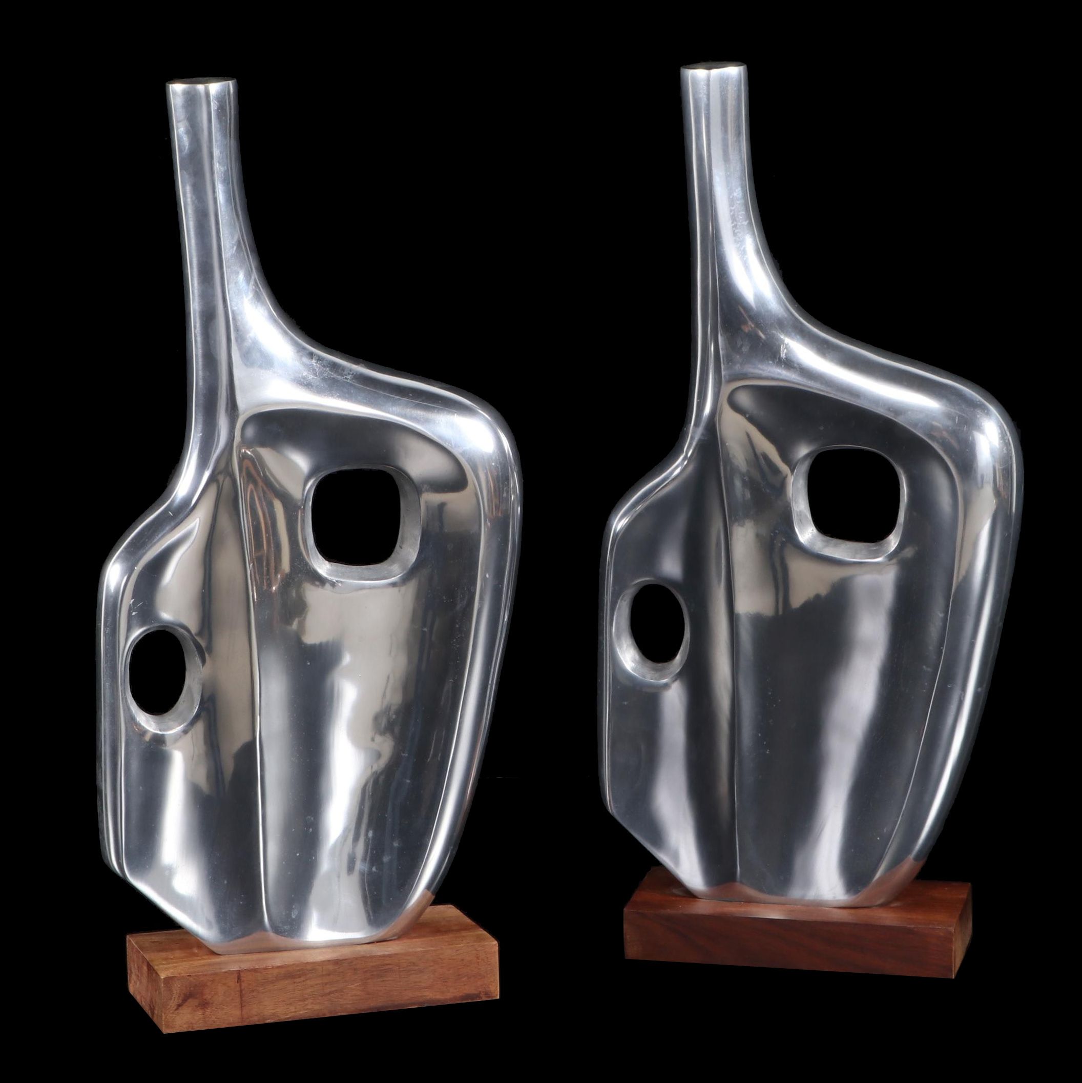 Pair of Polished Aluminum "Miro" Sculptures on Wood Blocks