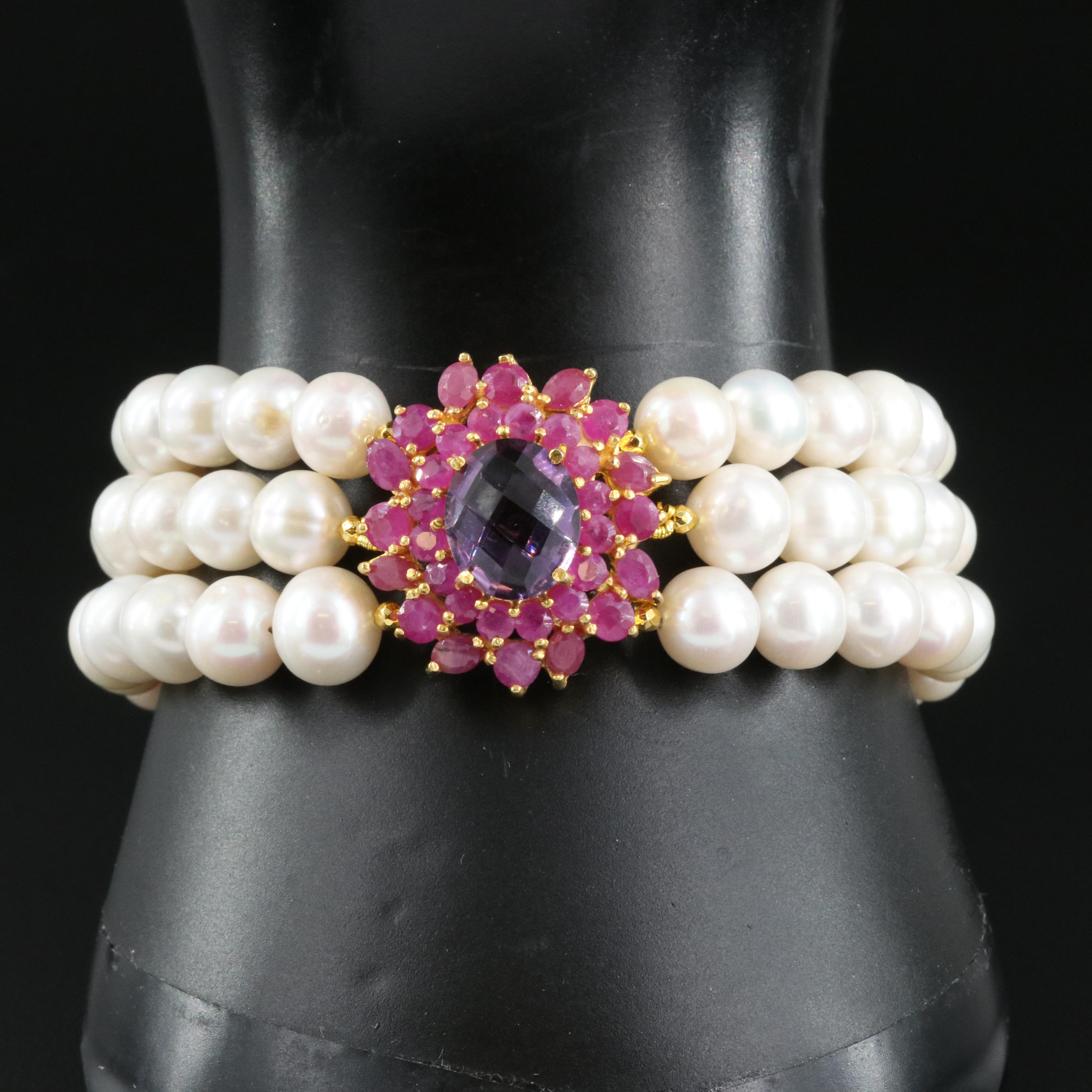 Sterling Pearl, Amethyst and Ruby Bracelet