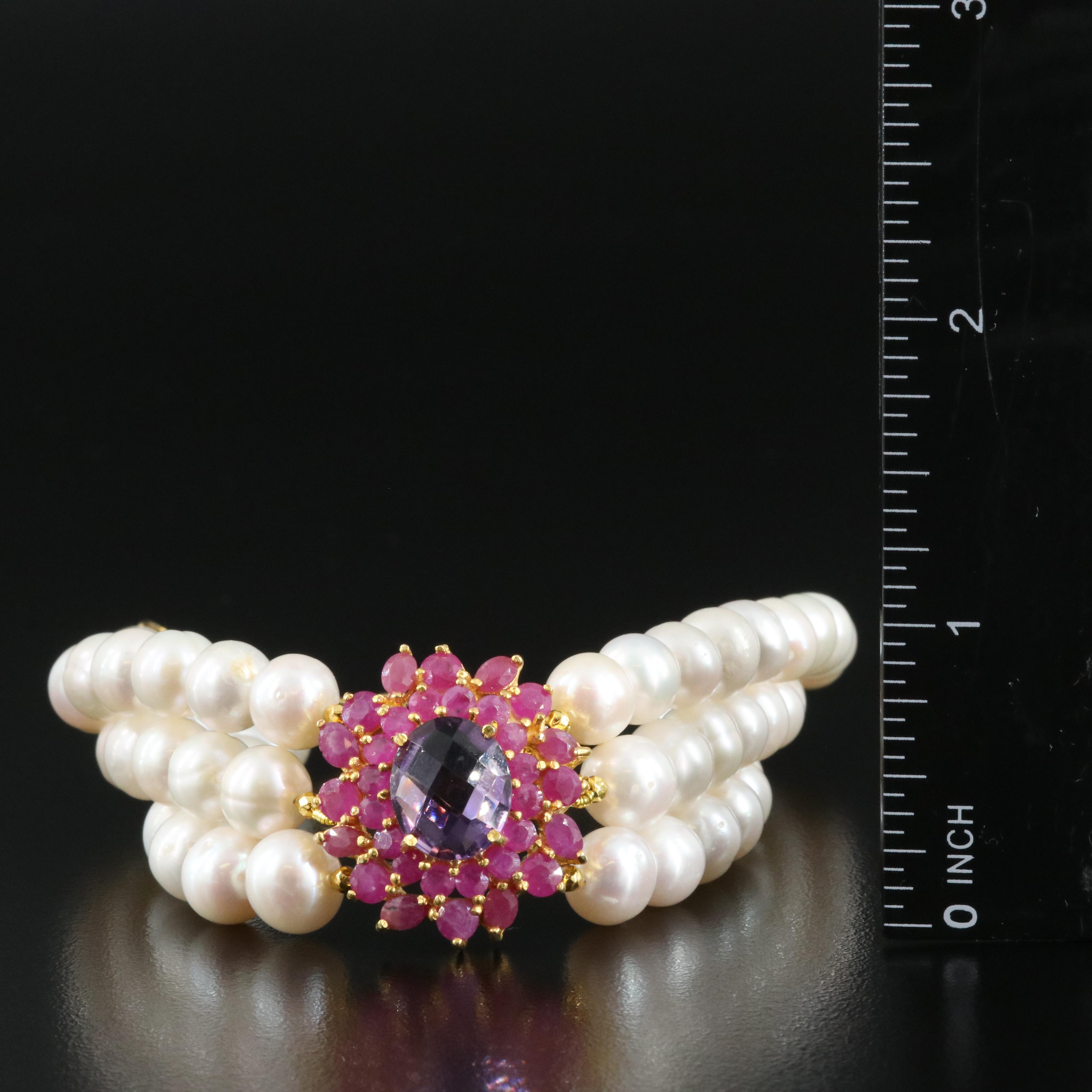 Sterling Pearl, Amethyst and Ruby Bracelet