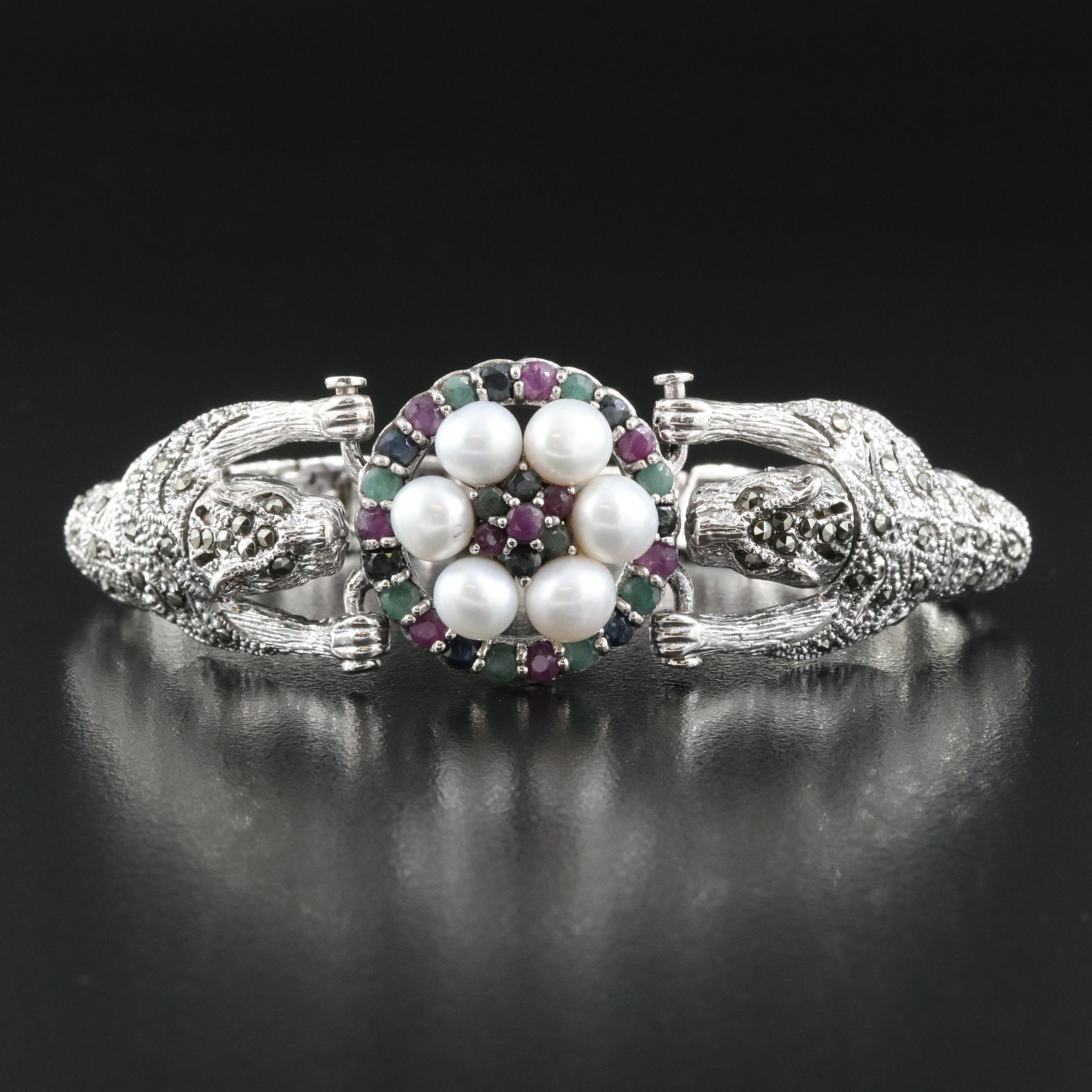 Sterling Bracelet Including Pearl, Ruby and Emerald