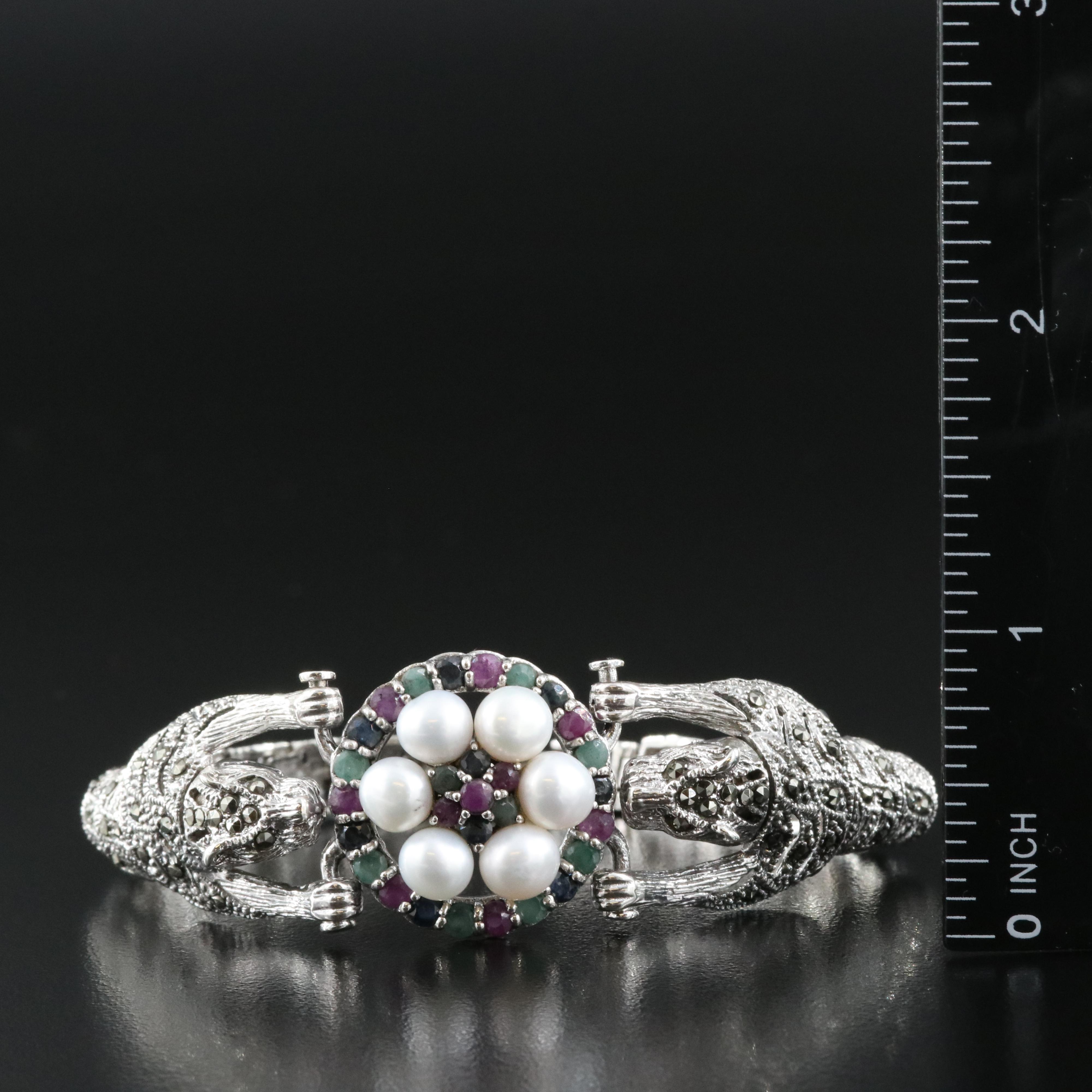 Sterling Bracelet Including Pearl, Ruby and Emerald