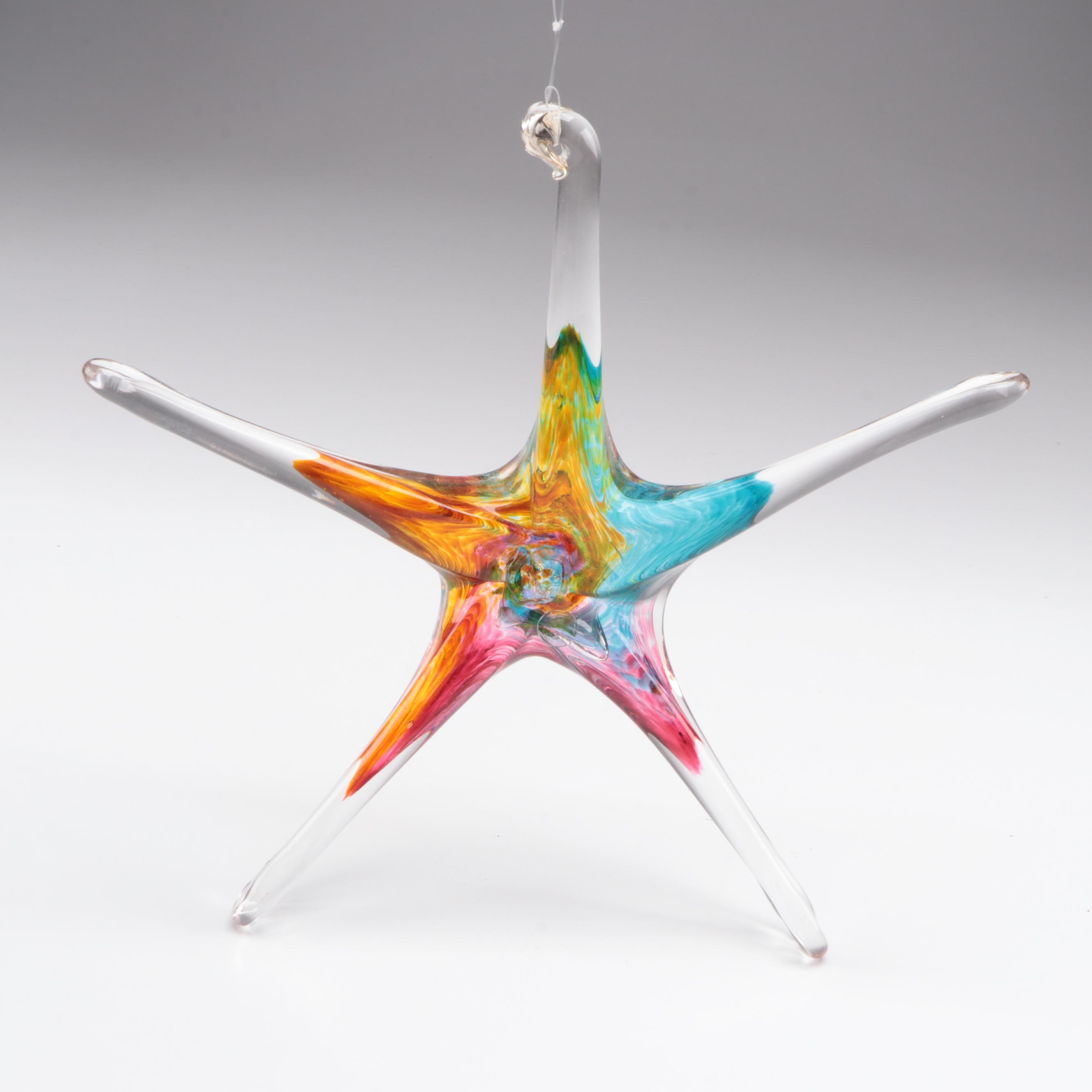 Signed Art Glass Star with Art Glass Witch's Ball and Fish