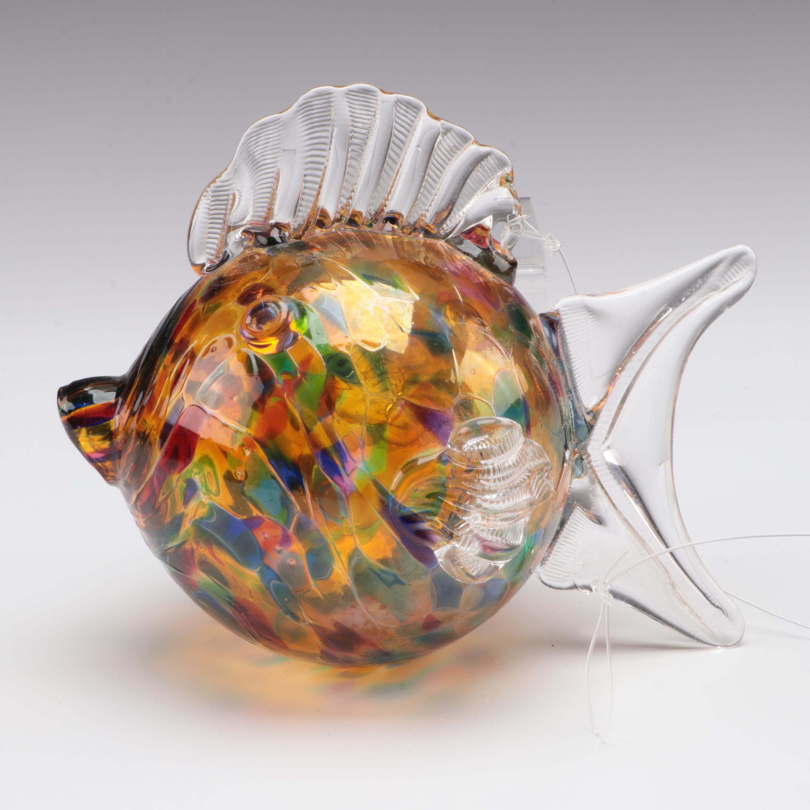 Signed Art Glass Star with Art Glass Witch's Ball and Fish