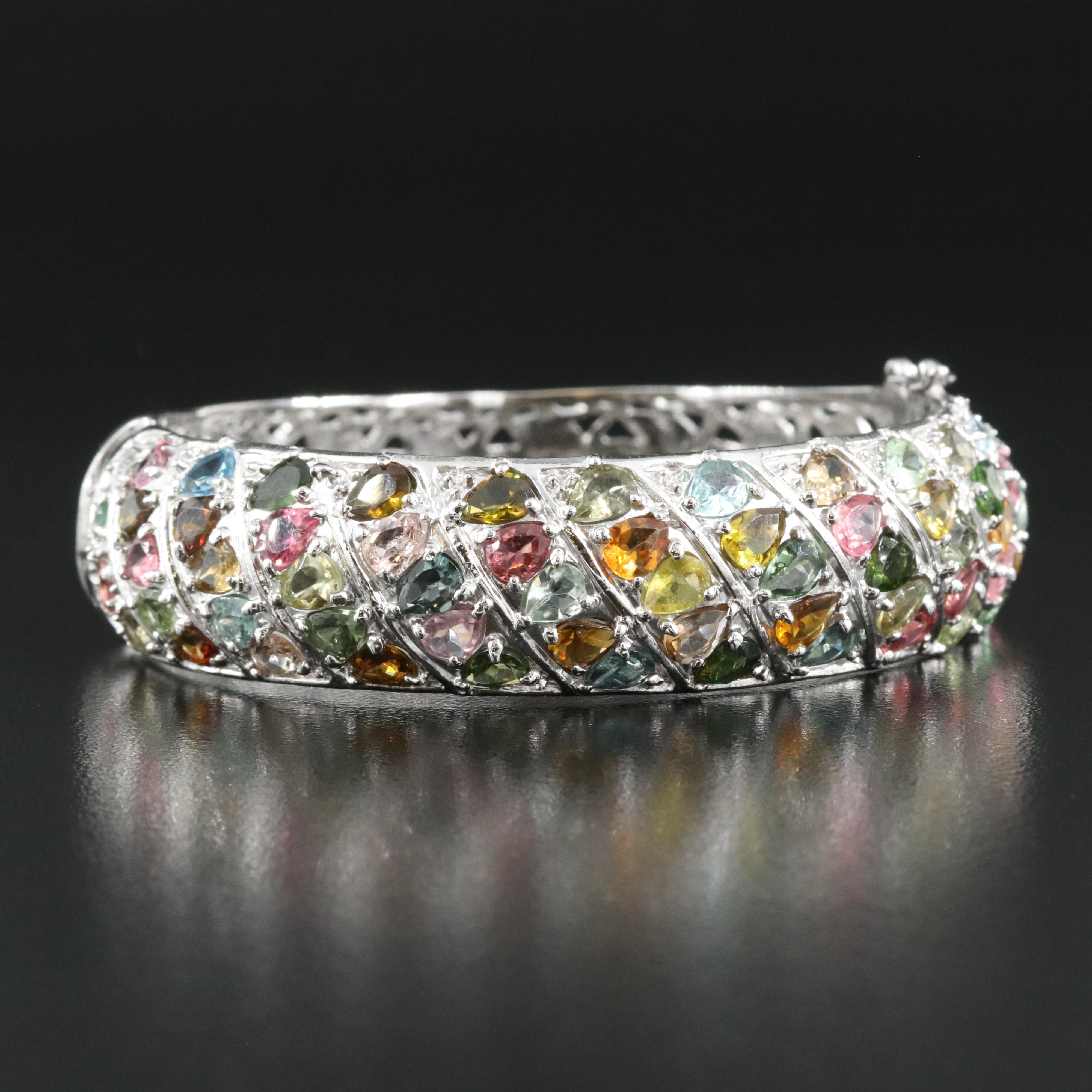 Sterling Tourmaline, Topaz and Emerald Hinged Bangle