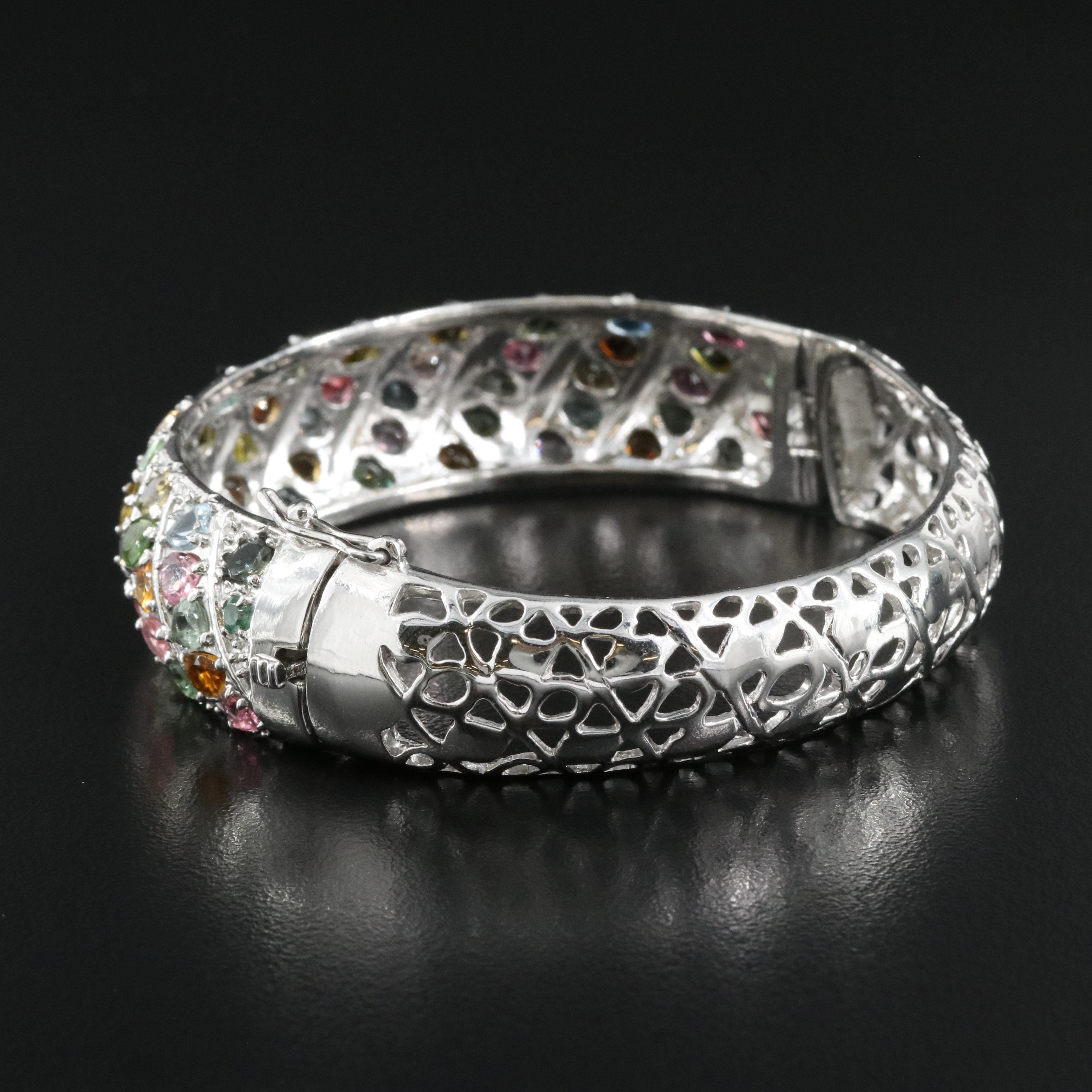 Sterling Tourmaline, Topaz and Emerald Hinged Bangle