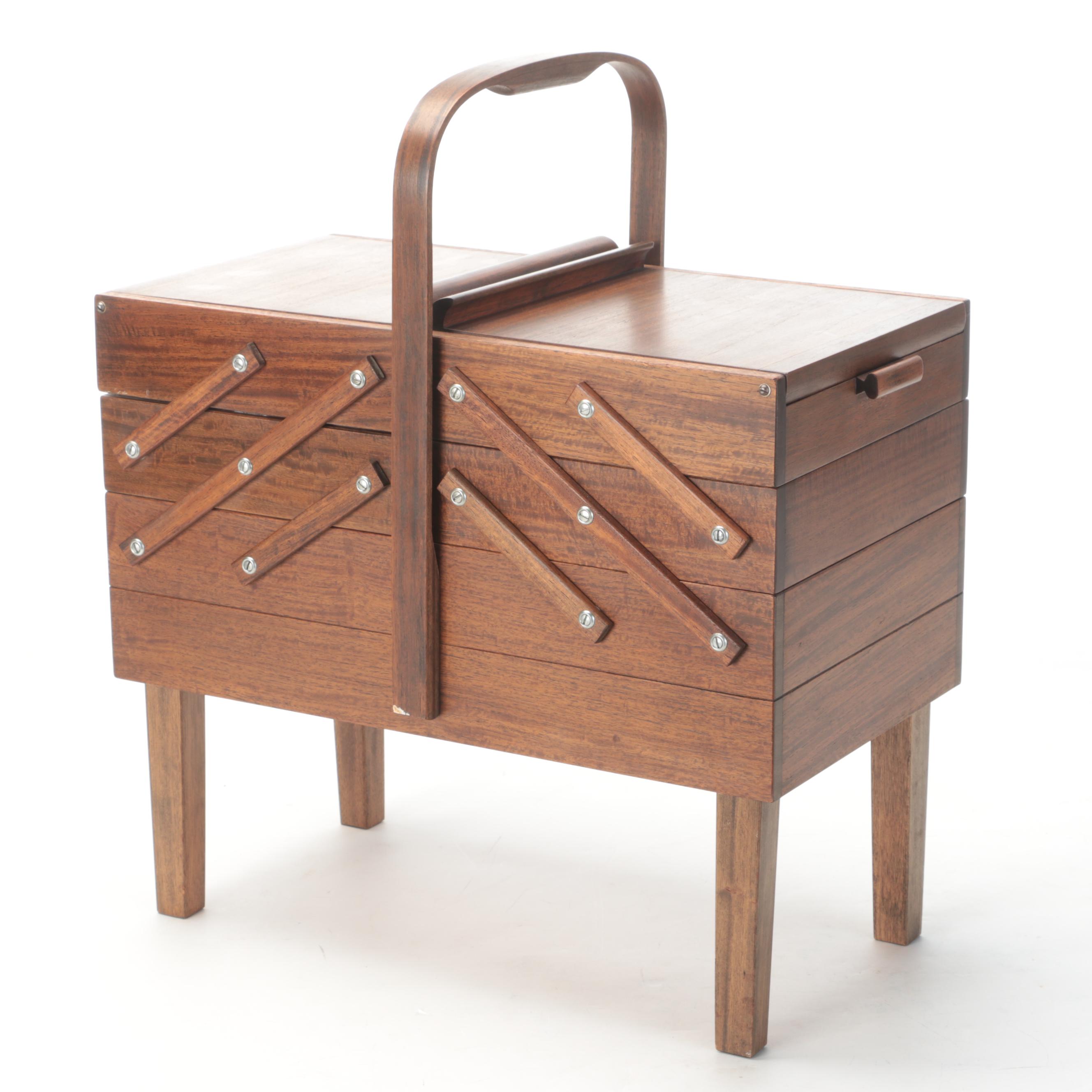 Mid Century Modern Cantilever Sewing Box With Notions, Threads and More