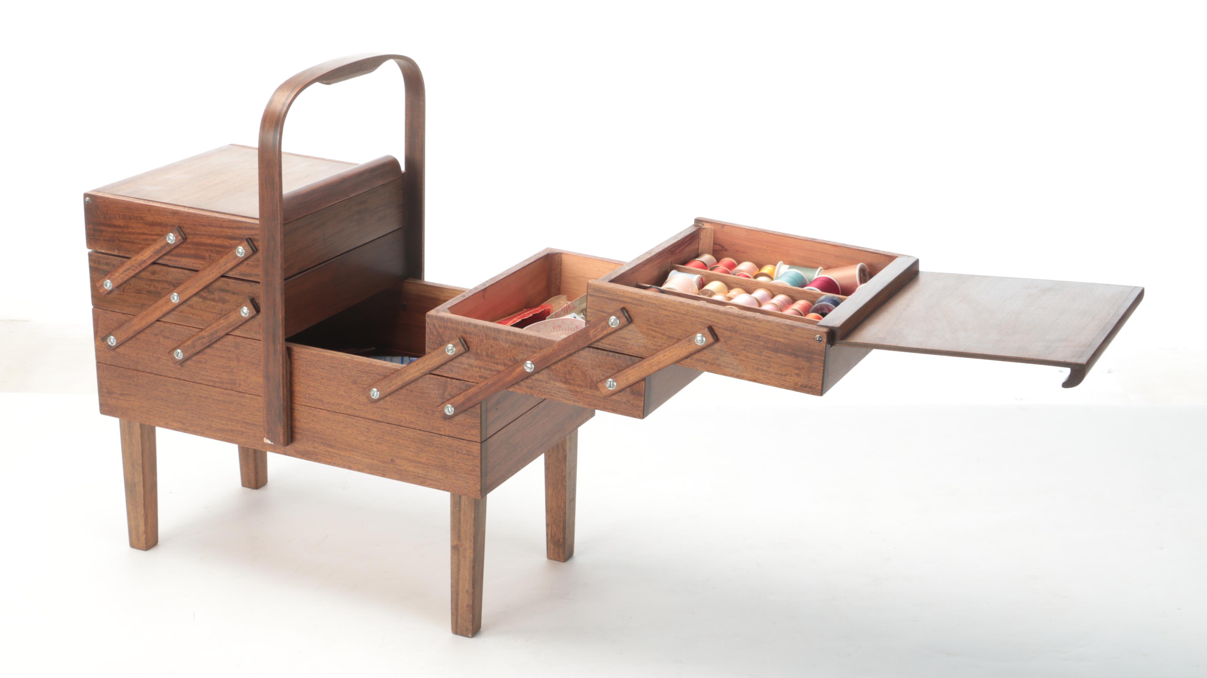 Mid Century Modern Cantilever Sewing Box With Notions, Threads and More
