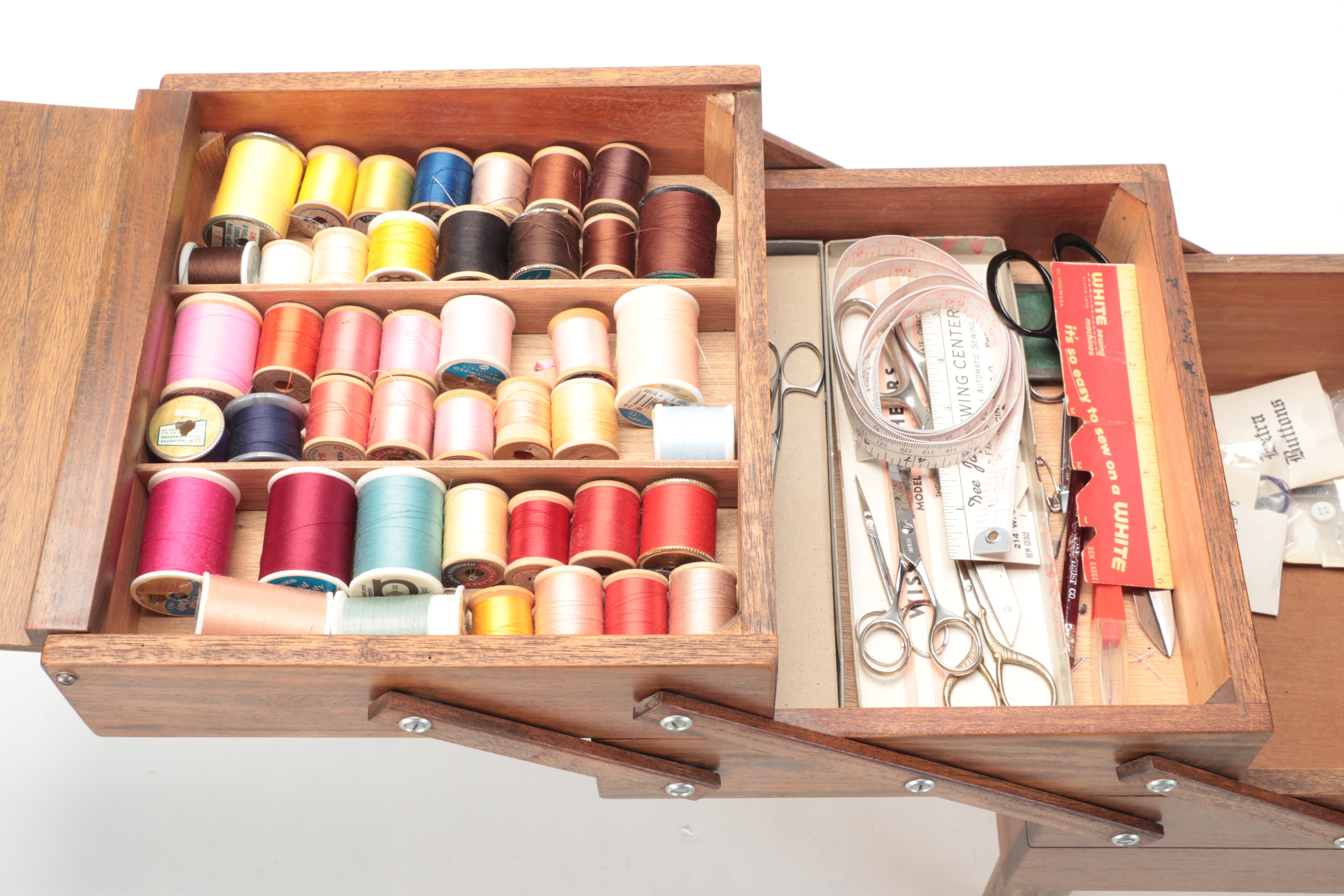 Mid Century Modern Cantilever Sewing Box With Notions, Threads and More