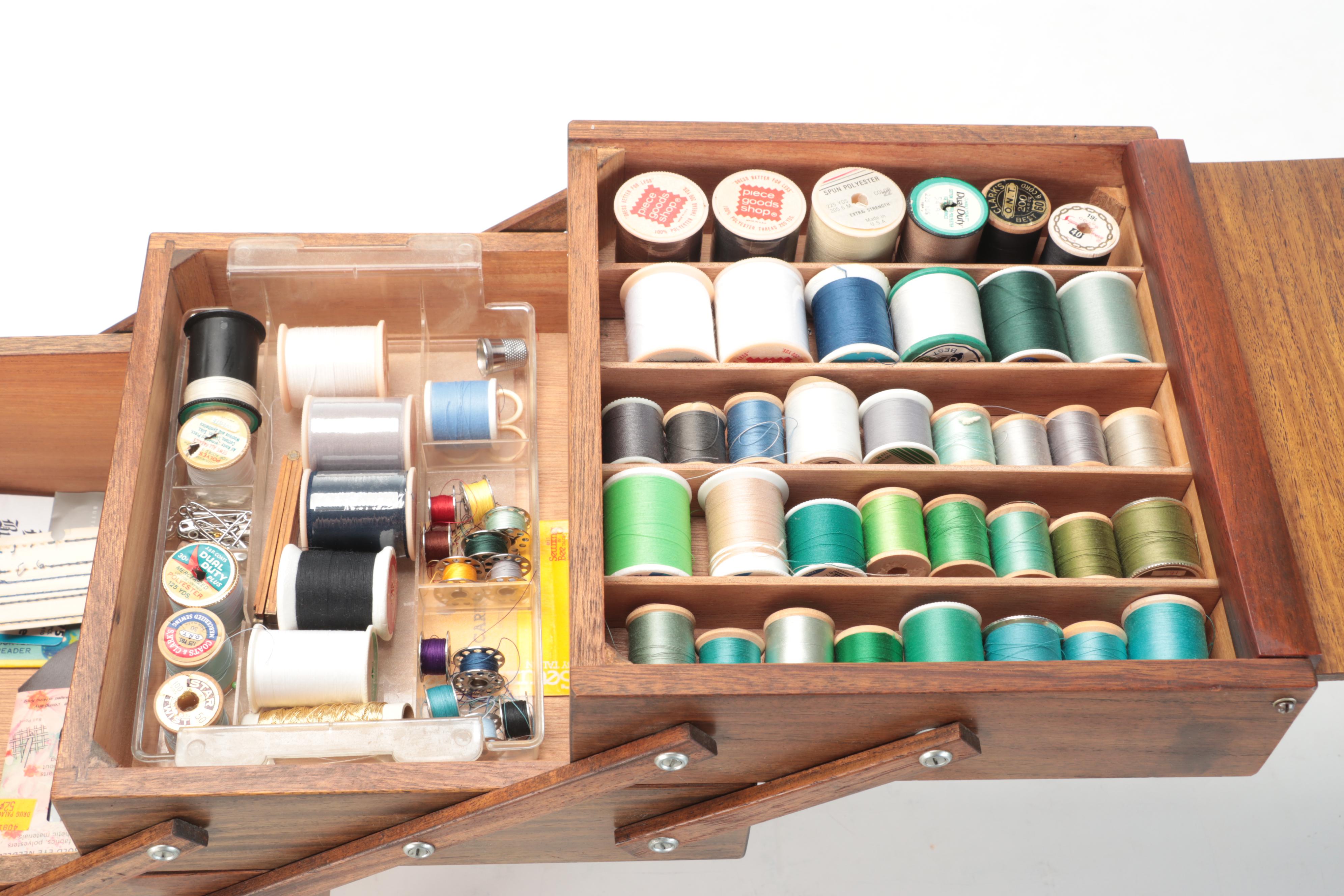 Mid Century Modern Cantilever Sewing Box With Notions, Threads and More