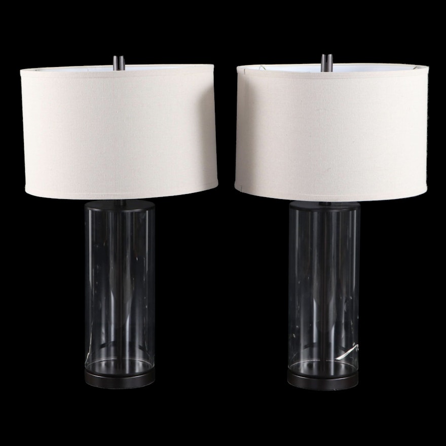 Contemporary Glass and Black Finished Metal Column Table Lamps