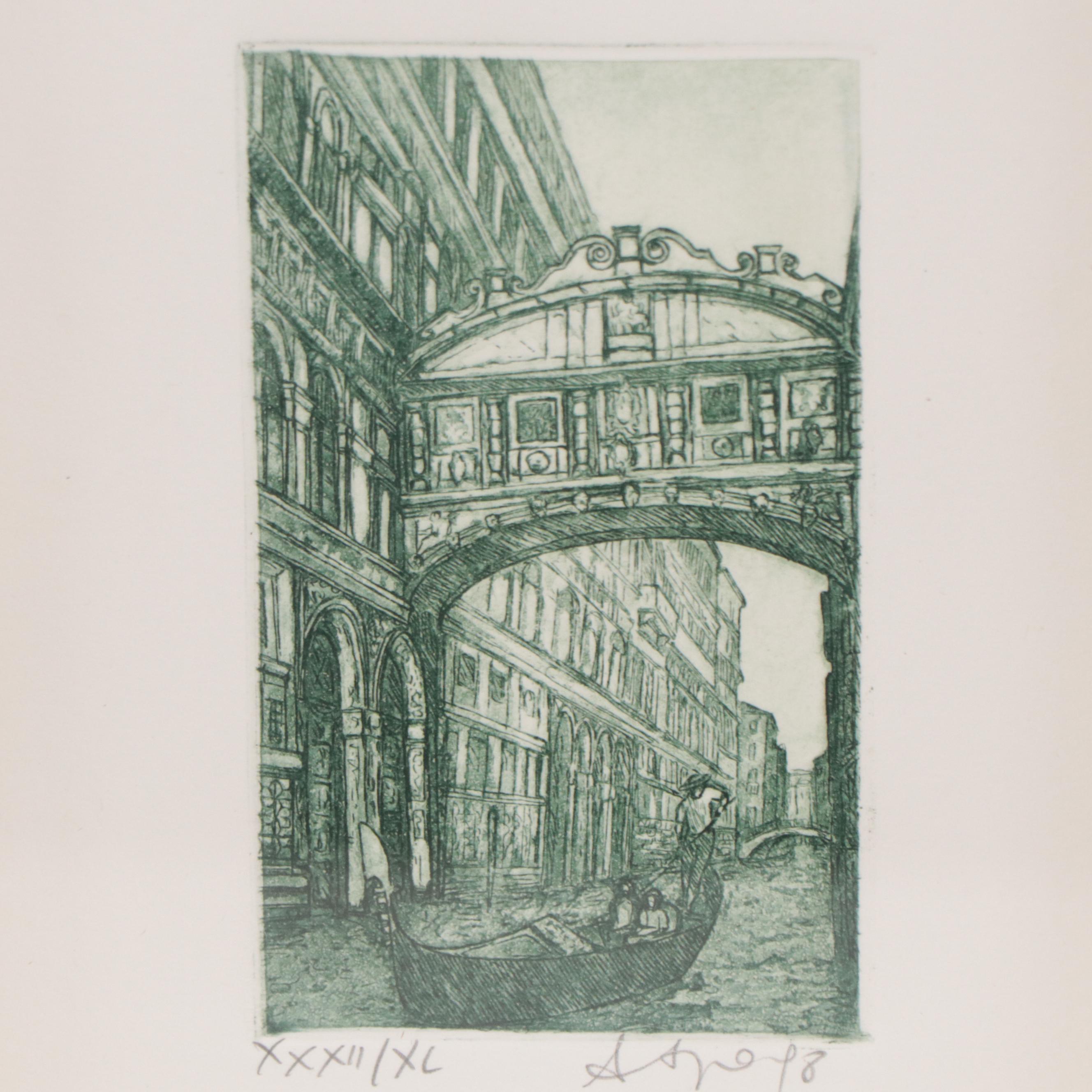 Etching of Venetian Bridge of Sighs, Late 20th Century