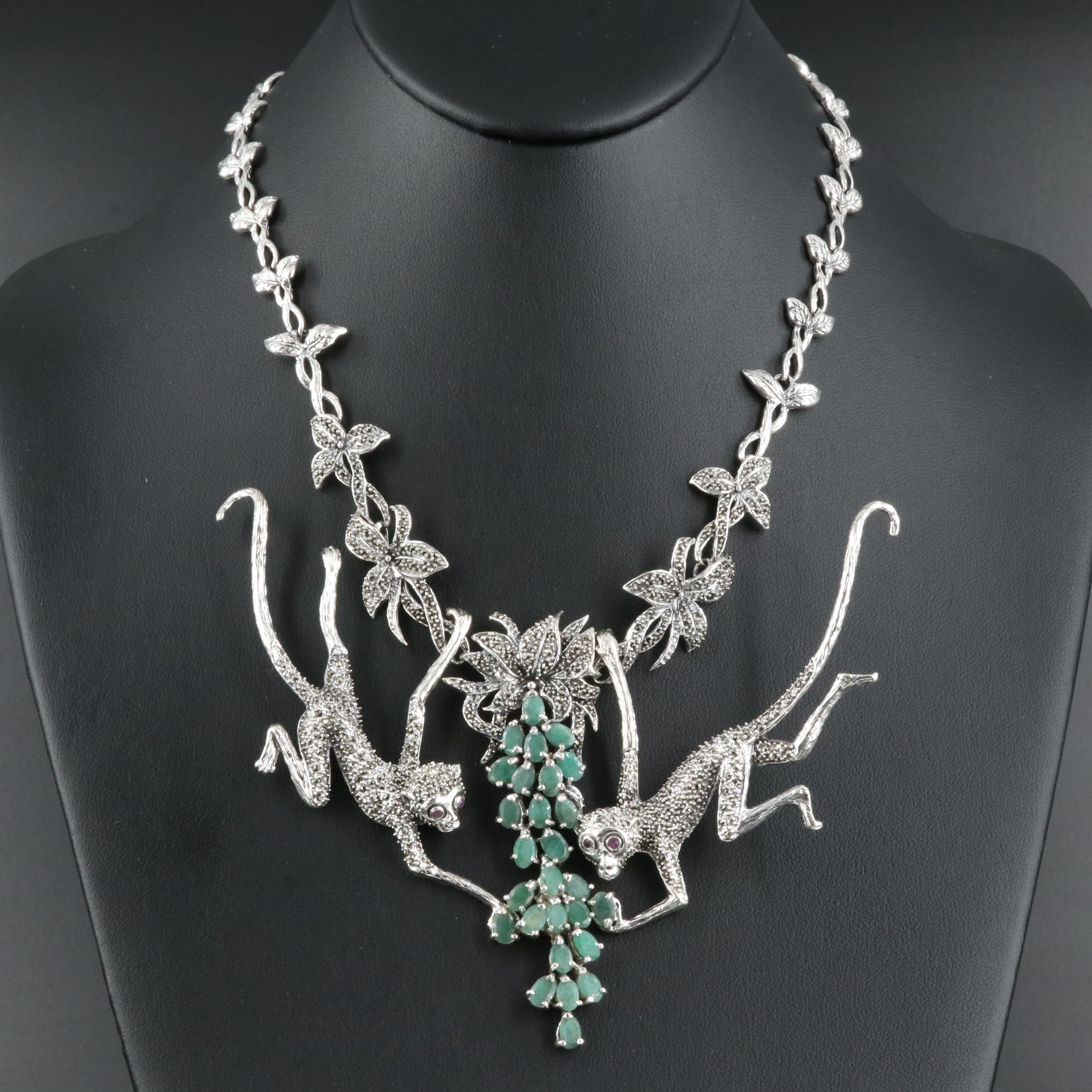 Sterling Emerald, Ruby and Marcasite Monkey Necklace