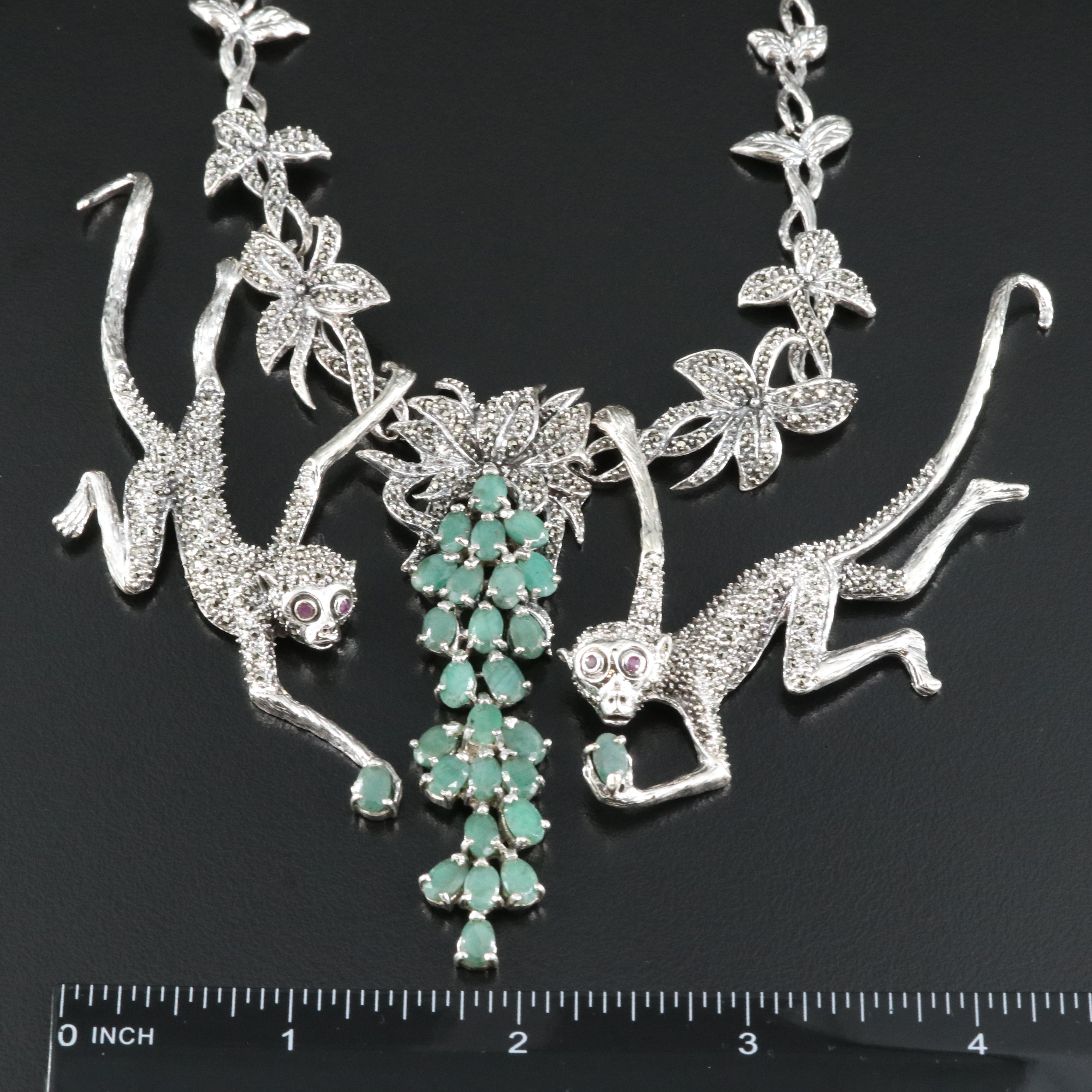Sterling Emerald, Ruby and Marcasite Monkey Necklace