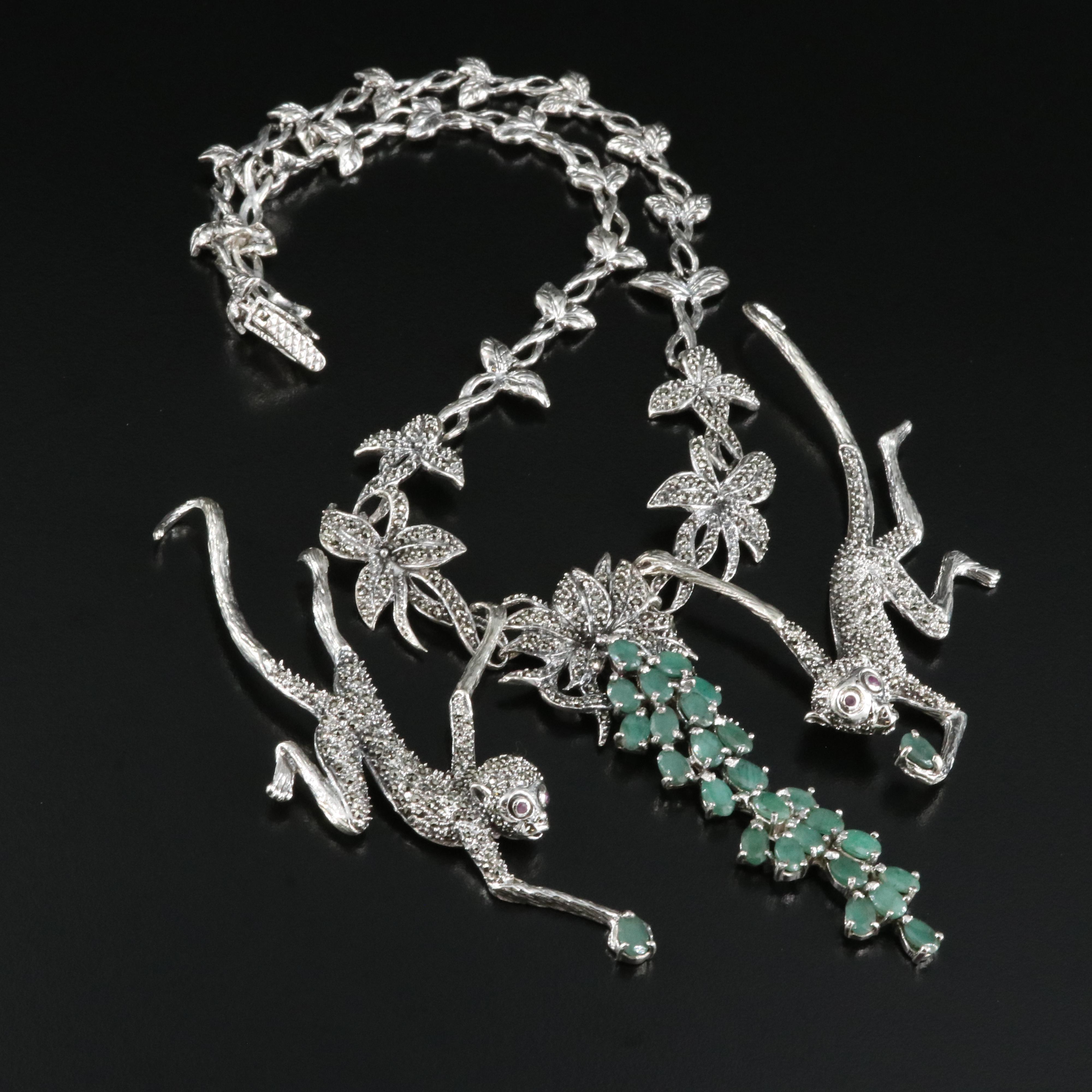 Sterling Emerald, Ruby and Marcasite Monkey Necklace