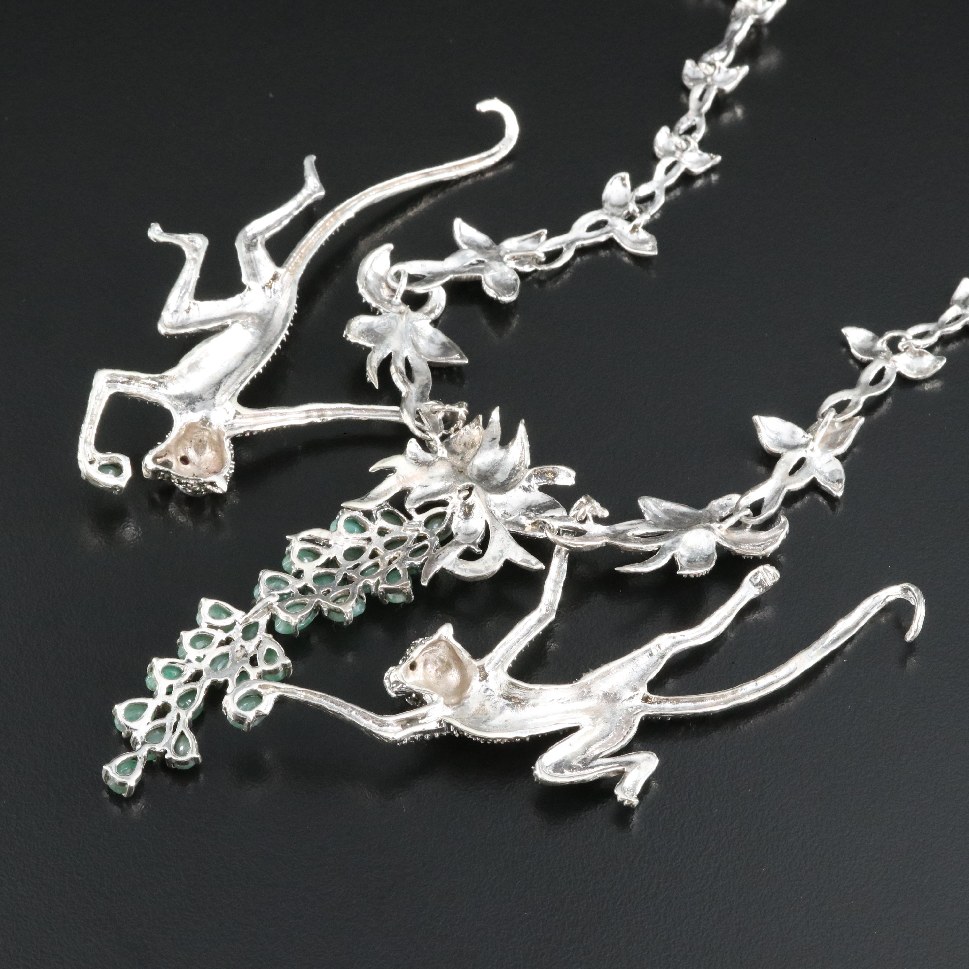 Sterling Emerald, Ruby and Marcasite Monkey Necklace