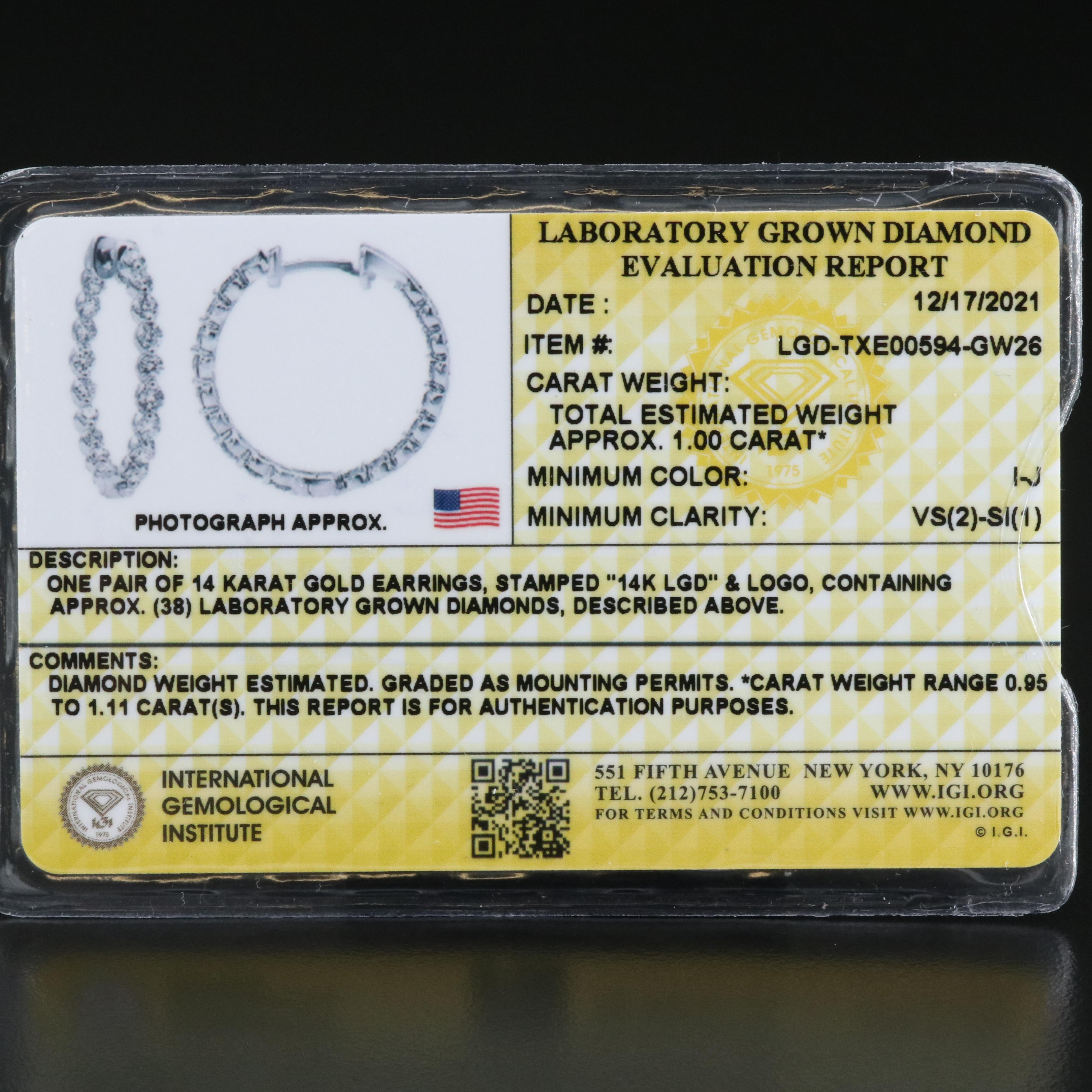 14K 1.00 CTW Lab Grown Diamond Inside-Out Hoop Earrings with IGI Report