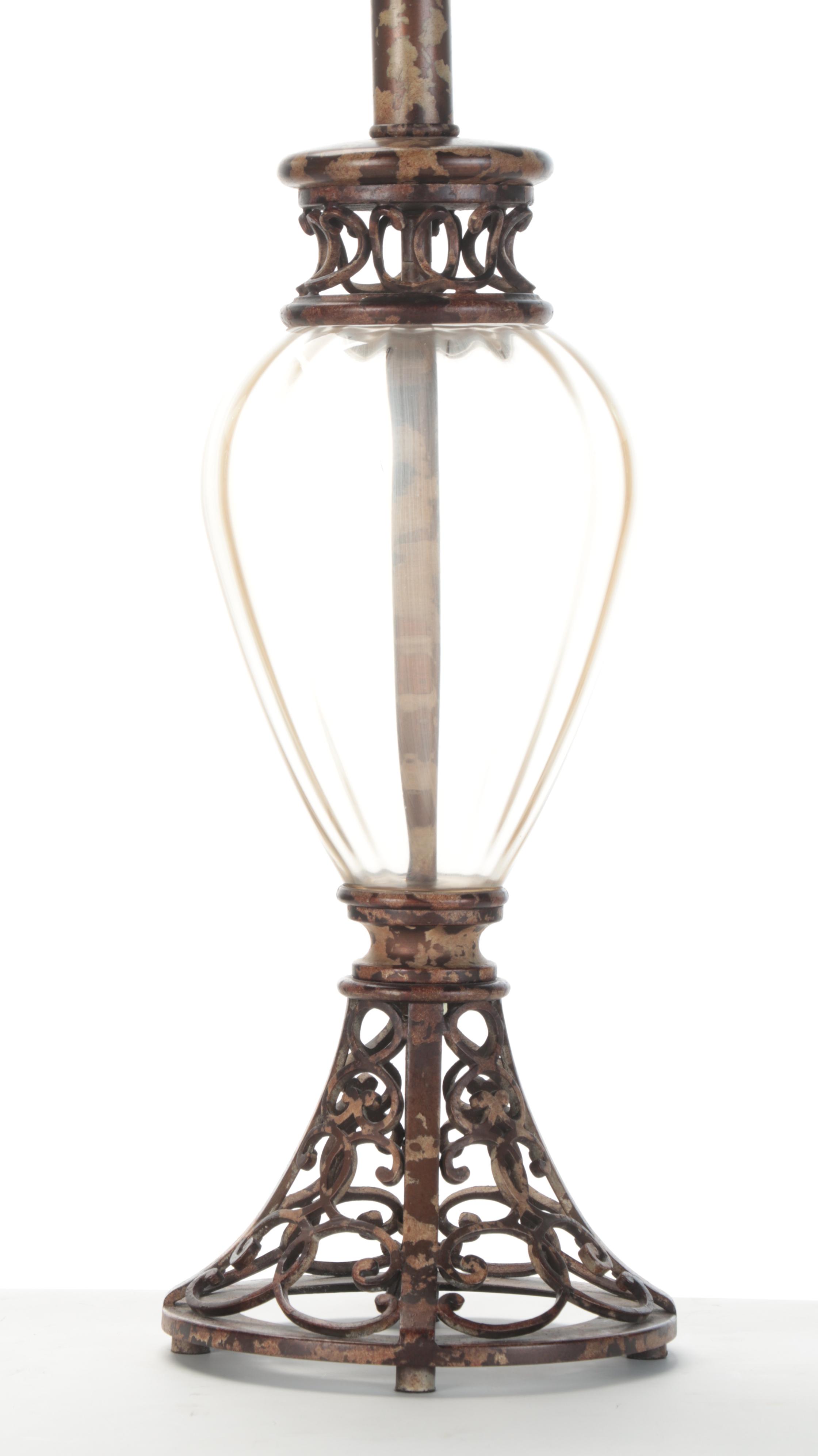 Bronzed Filigree Metal and Glass Table Lamps, Contemporary