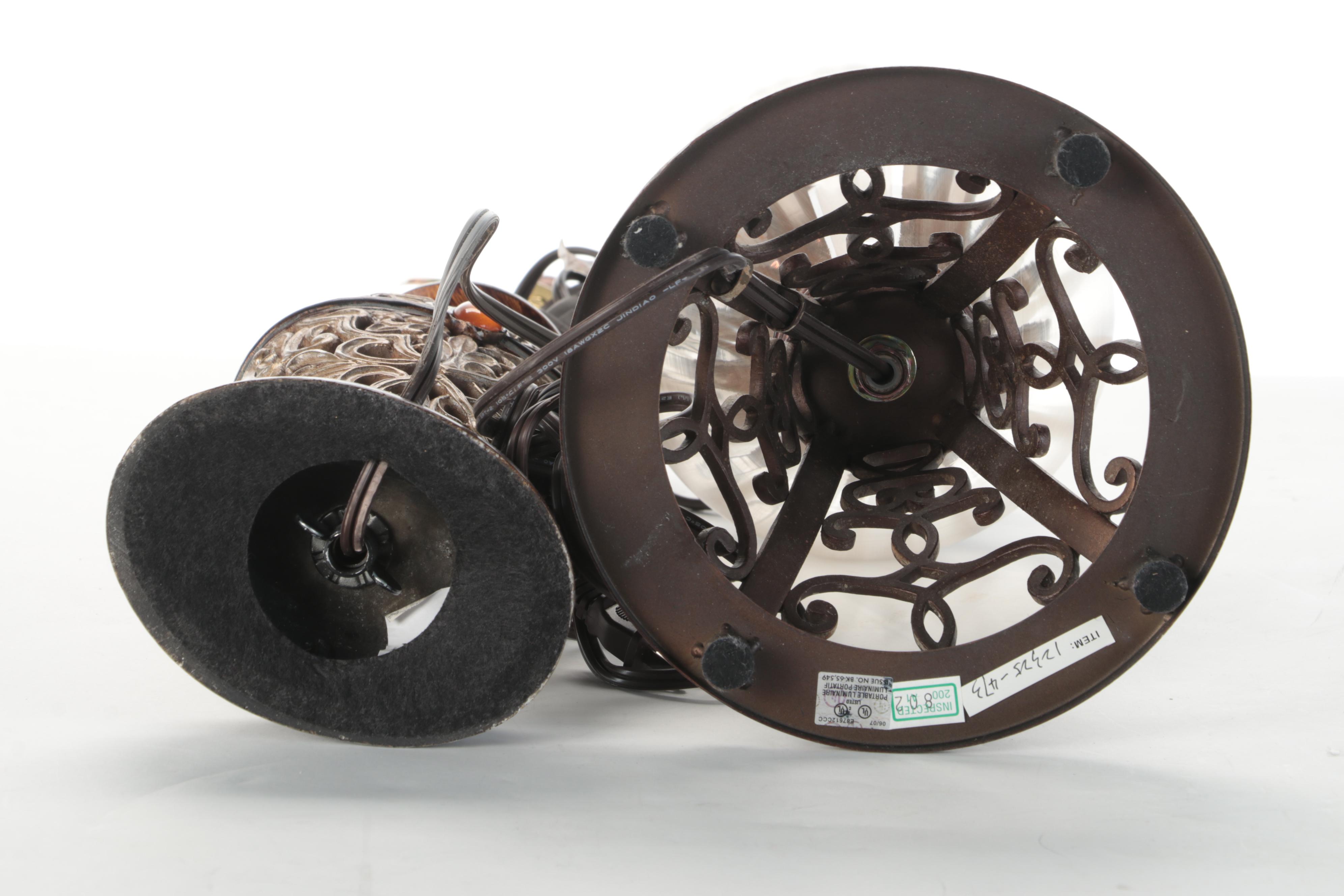 Bronzed Filigree Metal and Glass Table Lamps, Contemporary