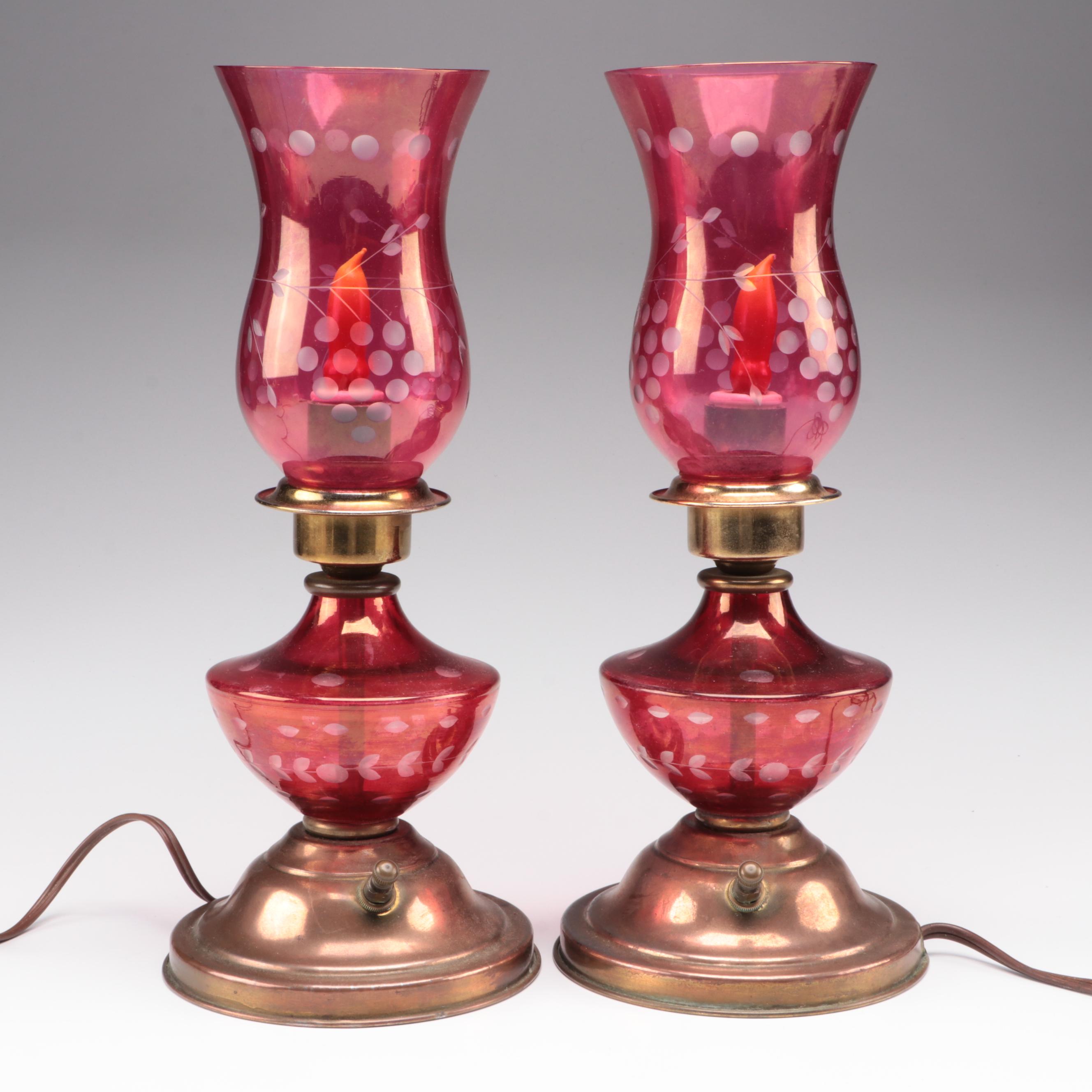 Pair of Bohemian Style Cranberry Flash Boudoir Lamps